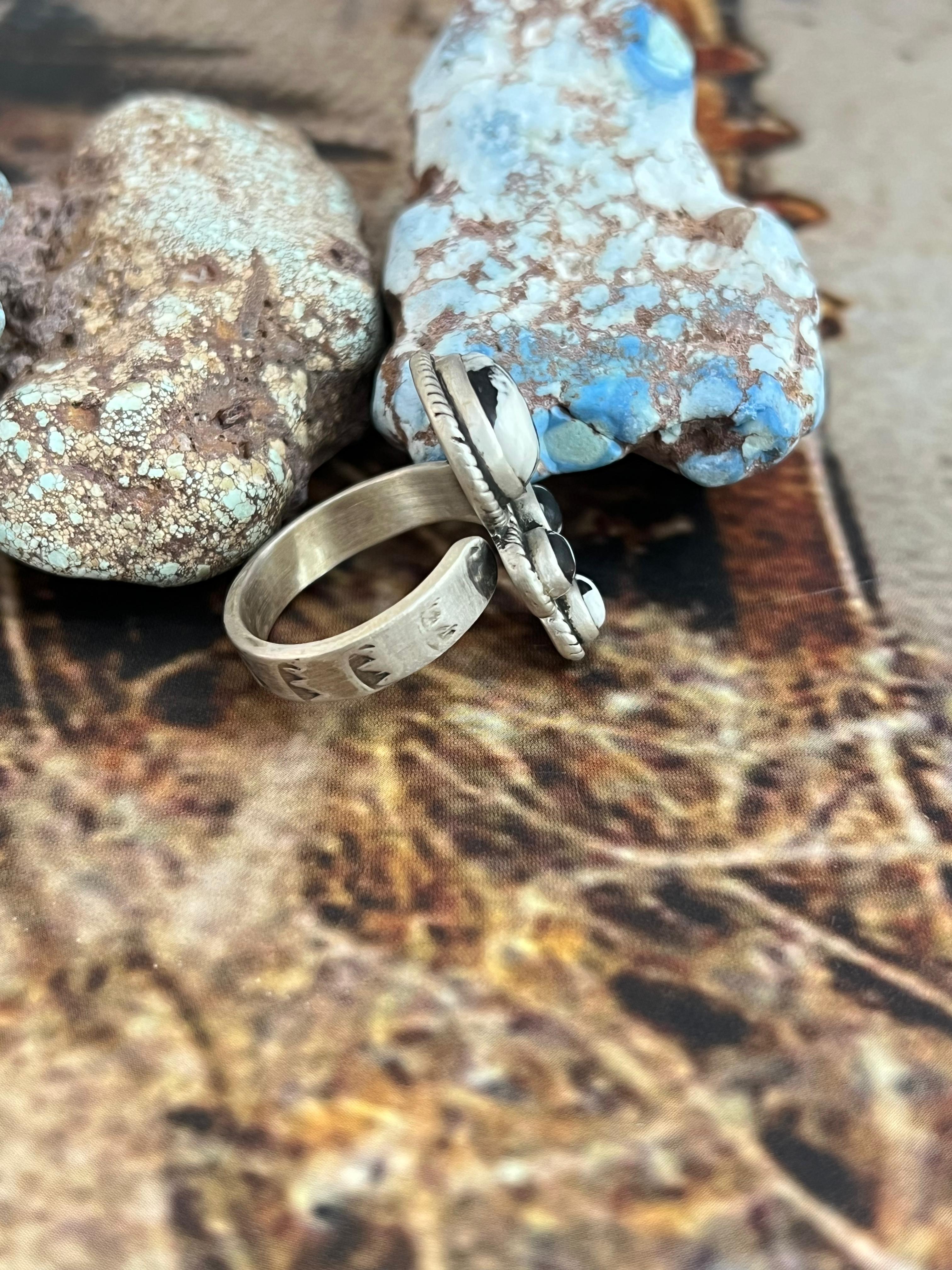 Handmade Sterling Silver White Buffalo Adjustable Ring, Signed Nizhoni