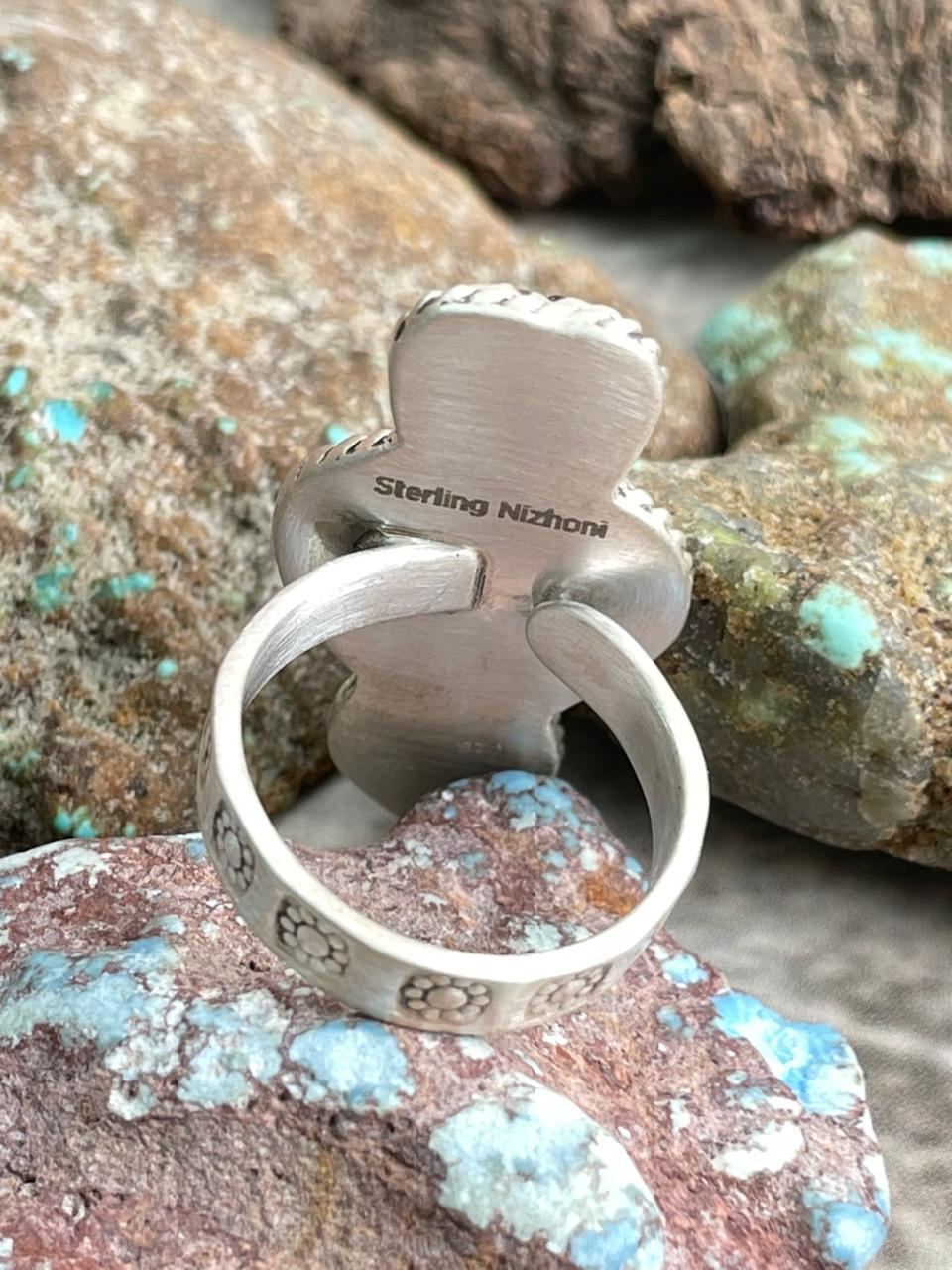 Handmade Sterling Silver White Buffalo Heart Shape Adjustable Ring with Signed Nizhoni