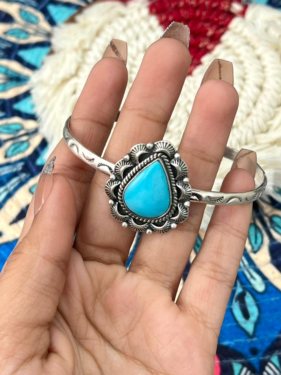 Handmade Sterling Silver Arizona Blue Turquoise Cuff Bracelet "Signed Nizhoni"