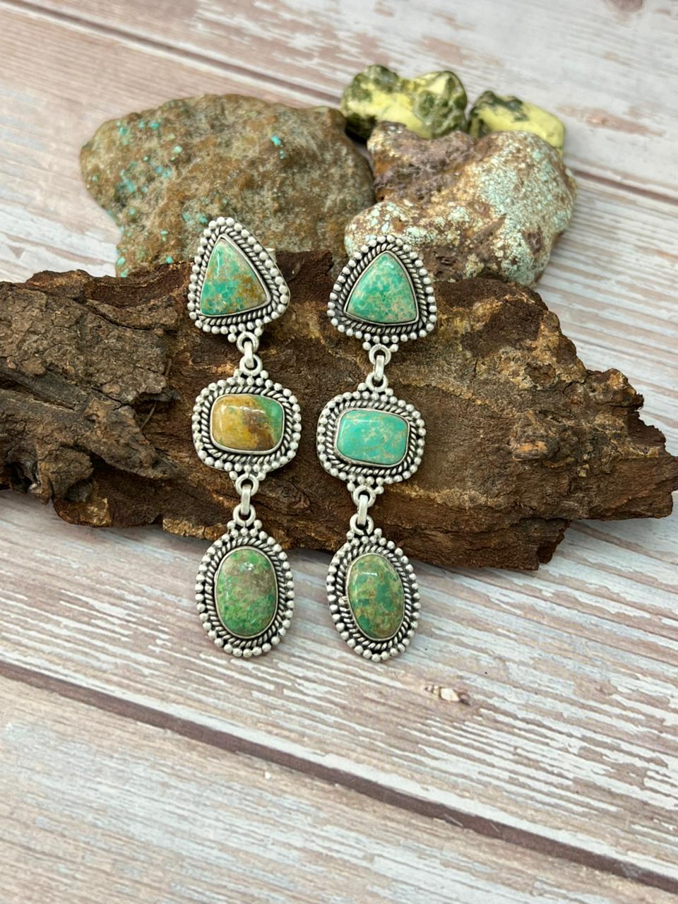 Handmade Sterling Silver Mantis Turquoise Post Dangle Earrings with Signed Nizhoni