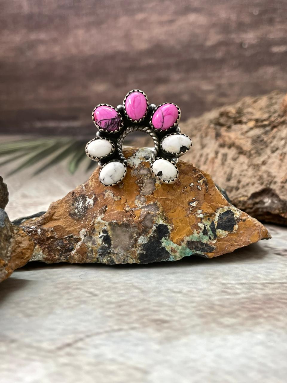 Handmade Sterling Silver White Buffalo with Cherry Blossom Adjustable Ring "Signed Nizhoni"