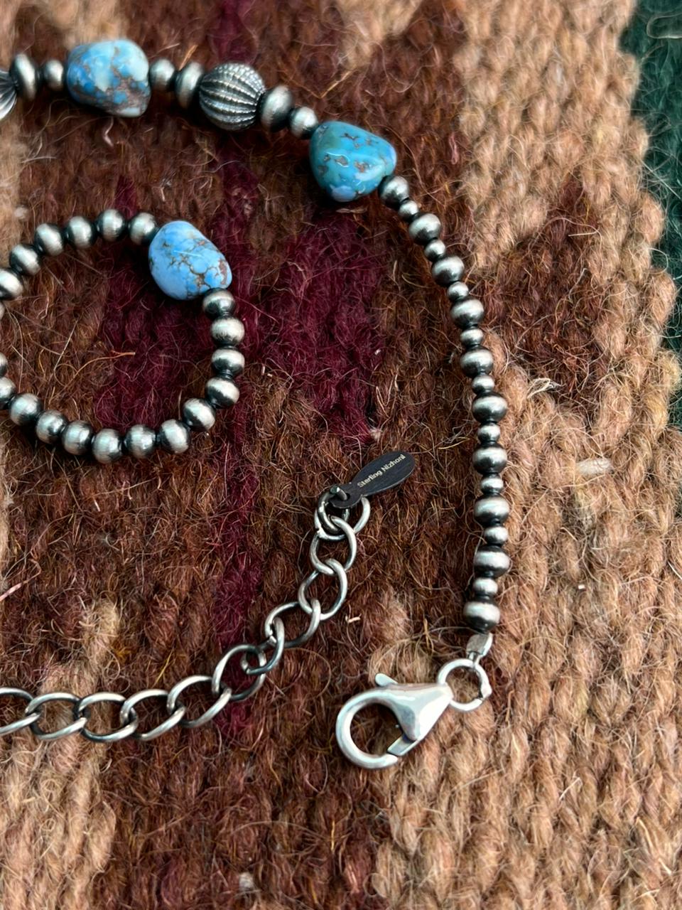 Handmade Sterling Silver Beaded Golden Hills Turquoise Bracelet and Ring Set