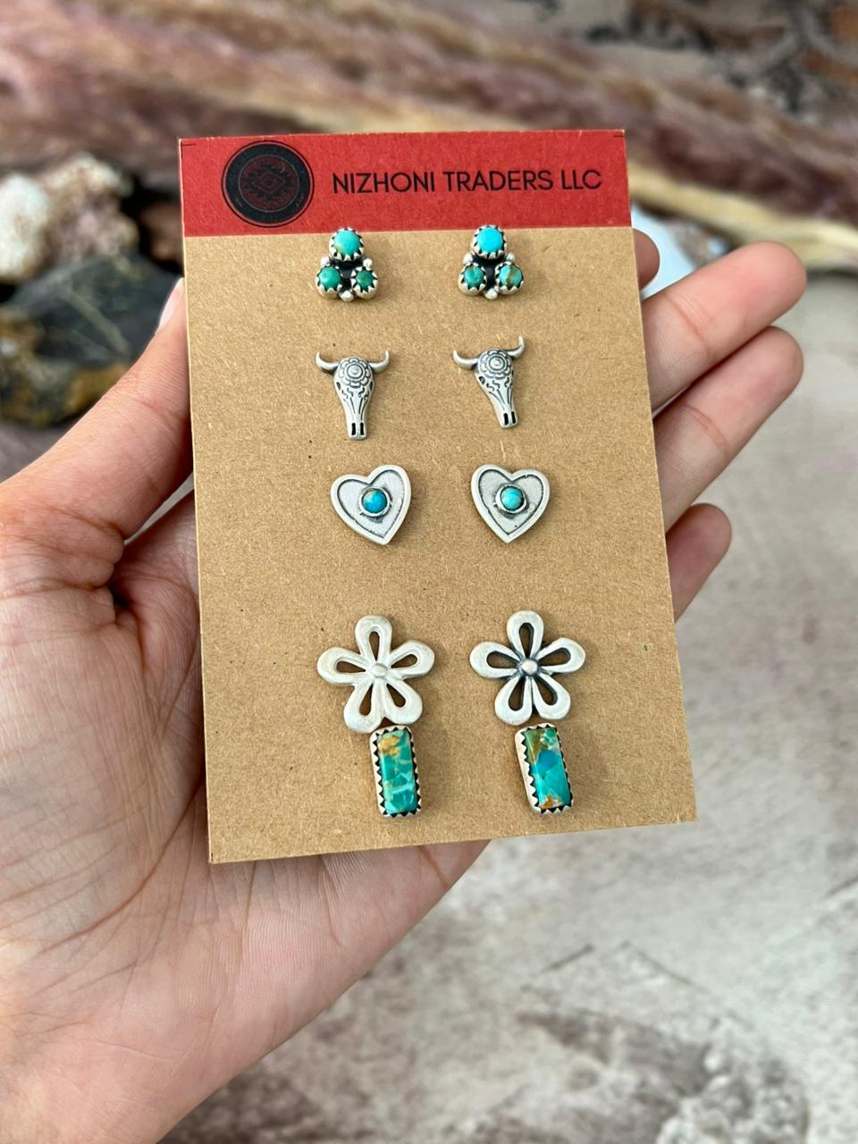 Handmade Sterling Silver Kingman Turquoise Post Earrings Card