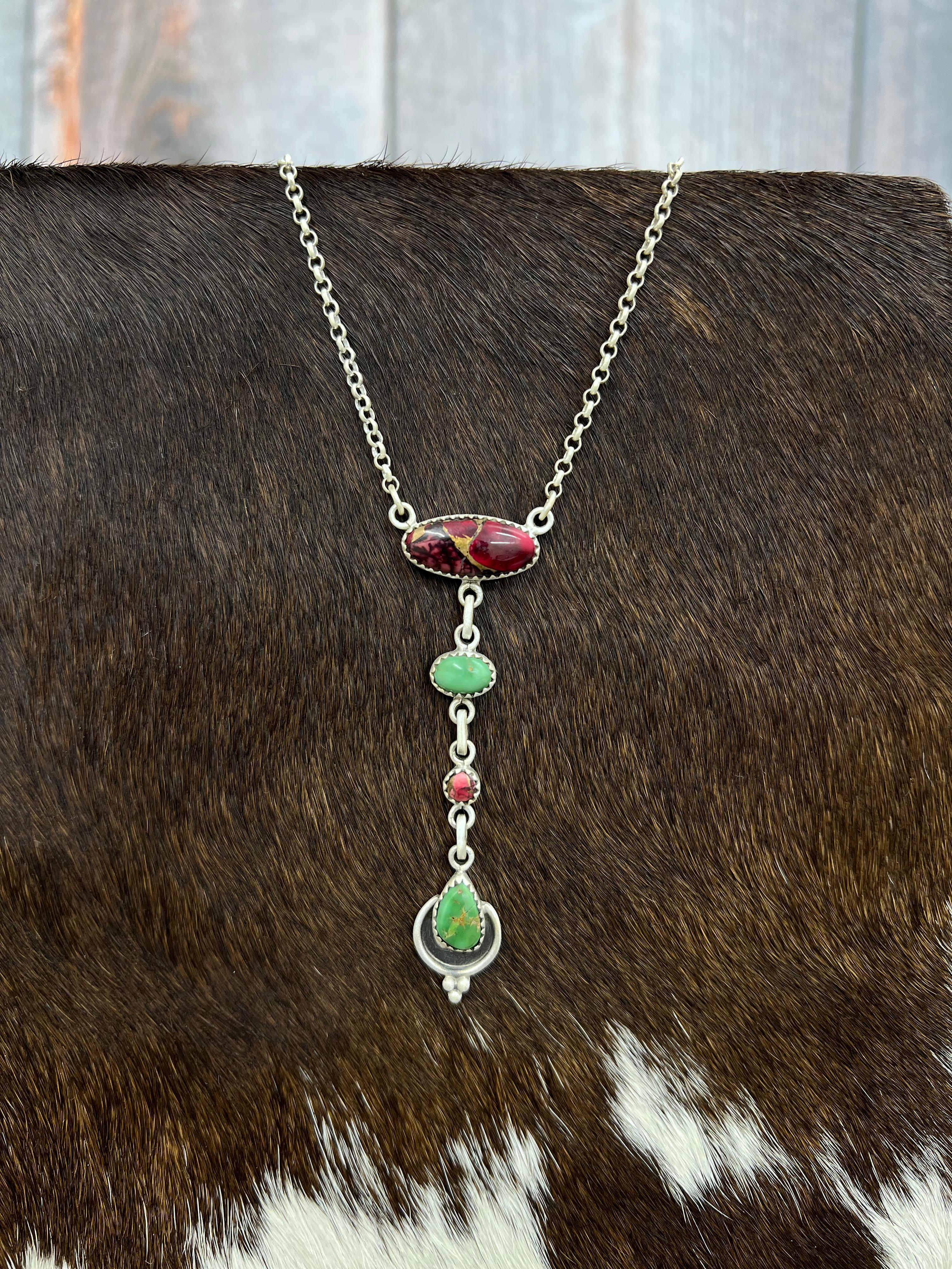 Handmade Sterling Silver Emerald Valley with Dahlia Rose Necklace with Signed Nizhoni