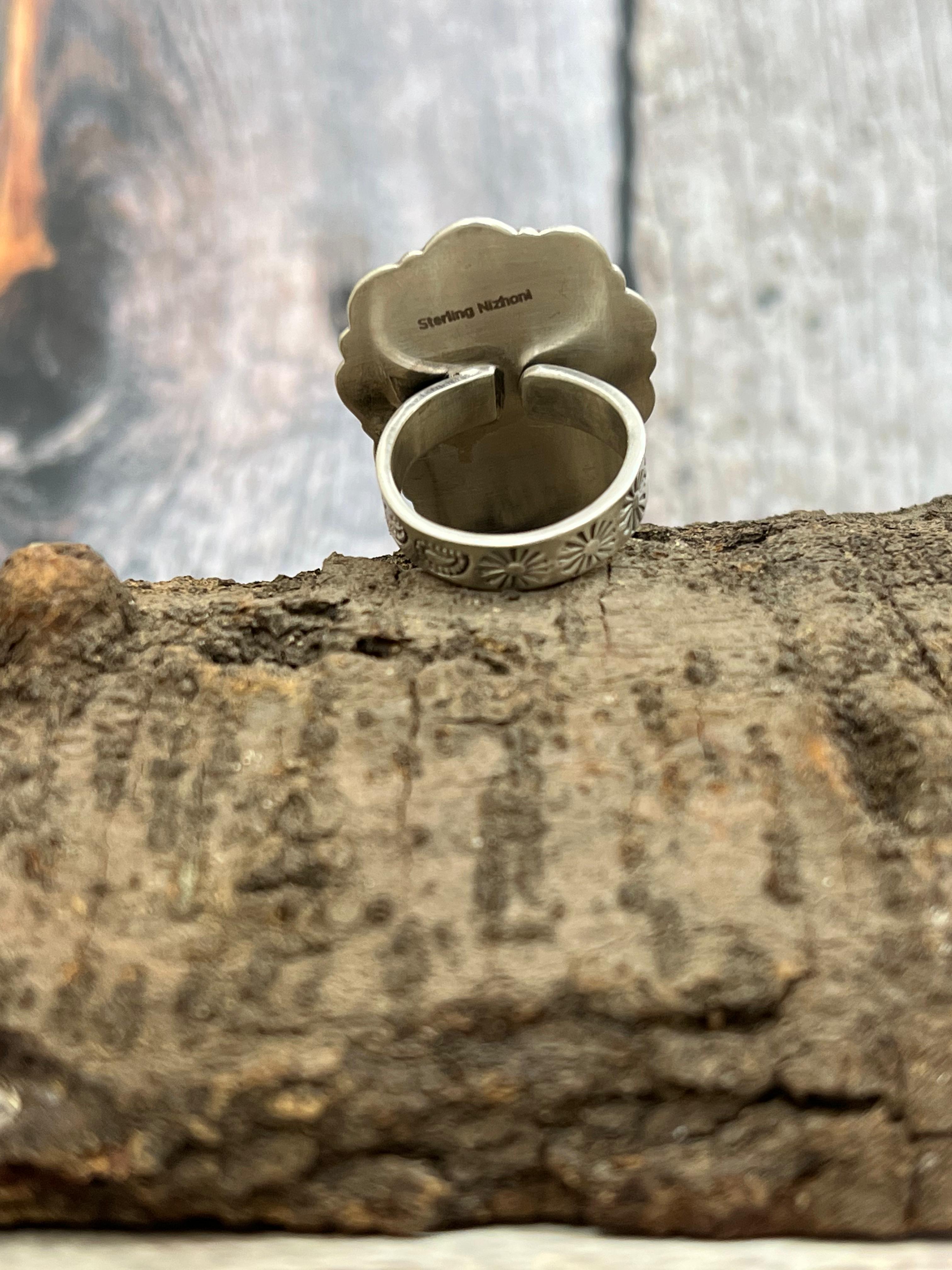 Handmade Sterling Silver Hardy Pit Adjustable Ring with Signed Nizhoni