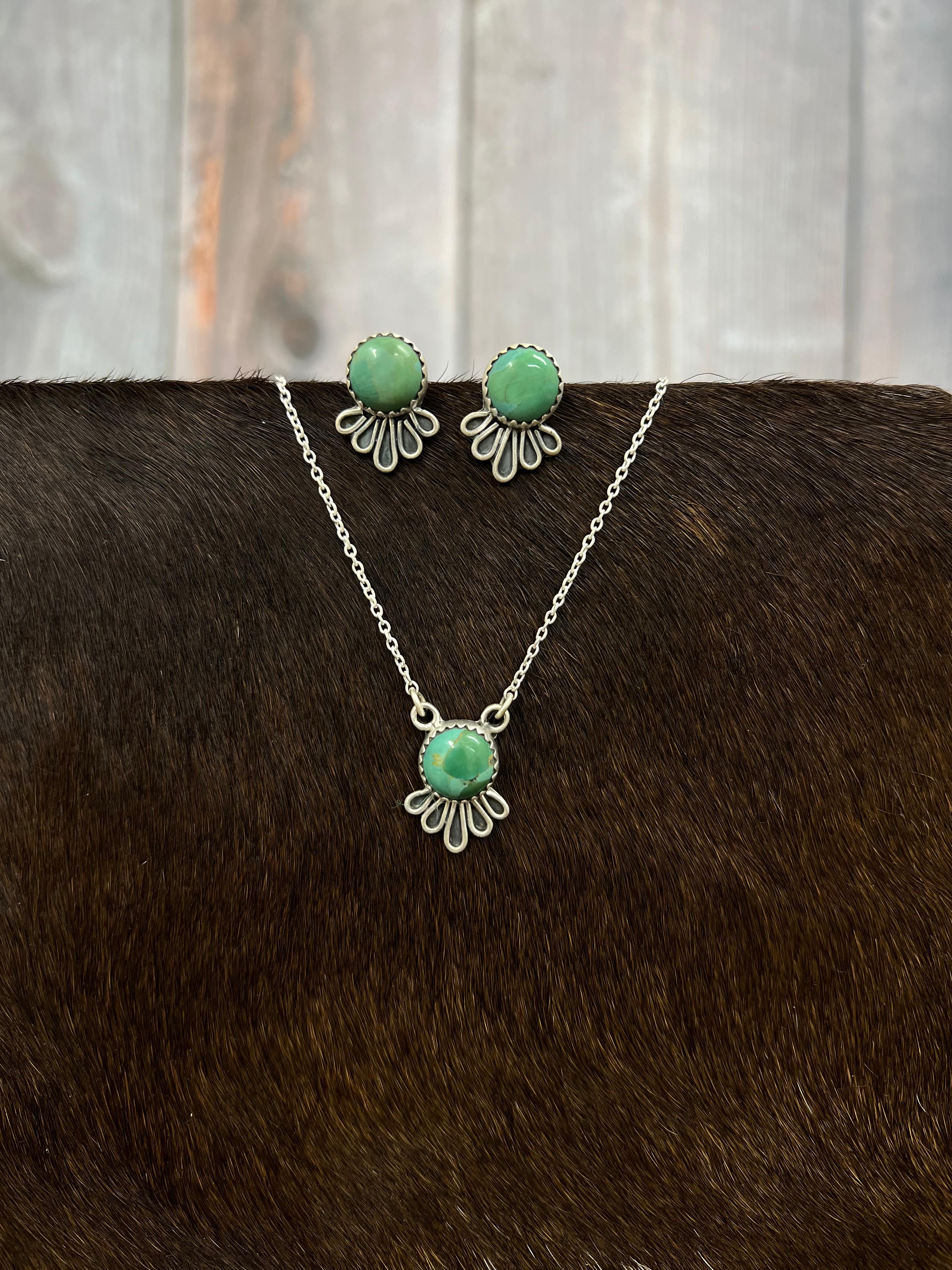 Handmade Sterling Silver Kingman Turquoise Necklace Earrings Set with Signed Nizhoni