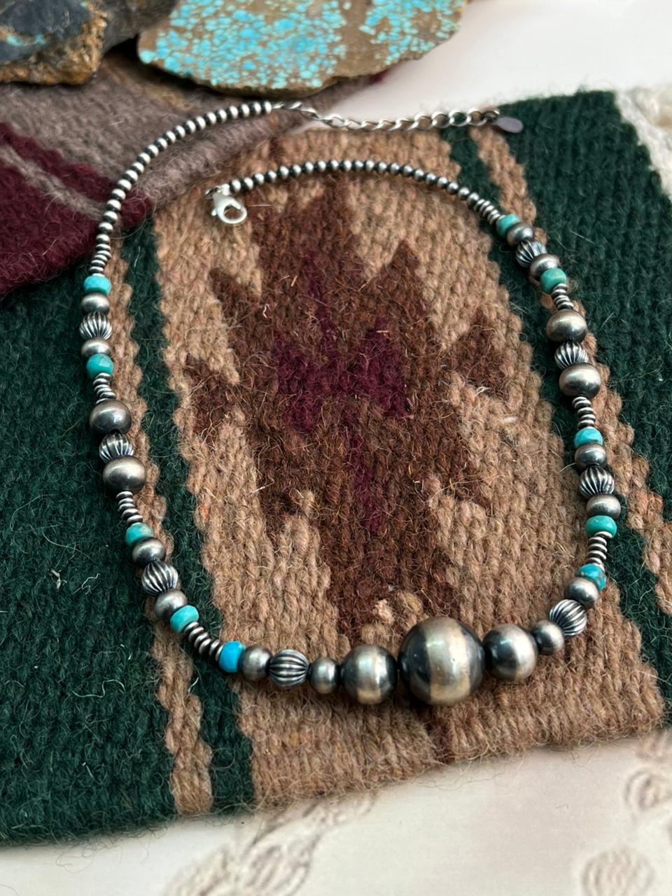 Handmade Sterling Silver Beaded Kingman Turquoise Necklace