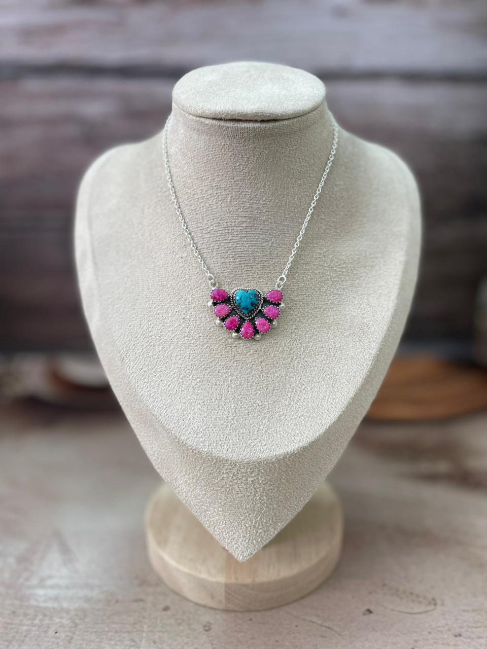 Handmade Sterling Silver Kingman with Hot Pink Necklace "Signed Nizhoni"