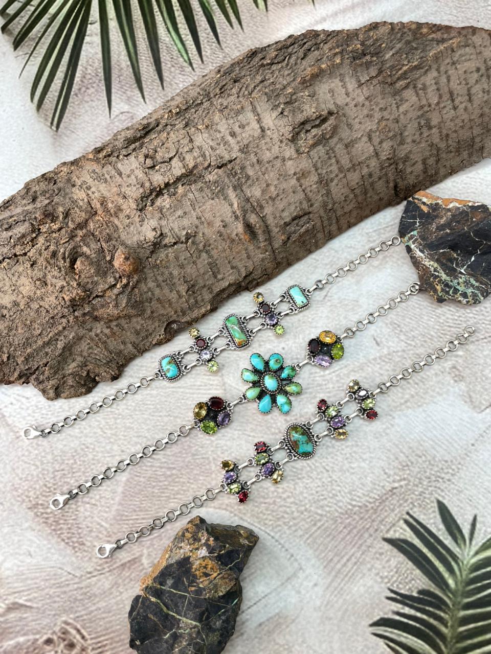 Handmade Sterling Silver Sonoran with Cut Stone Bracelet "Signed Nizhoni"