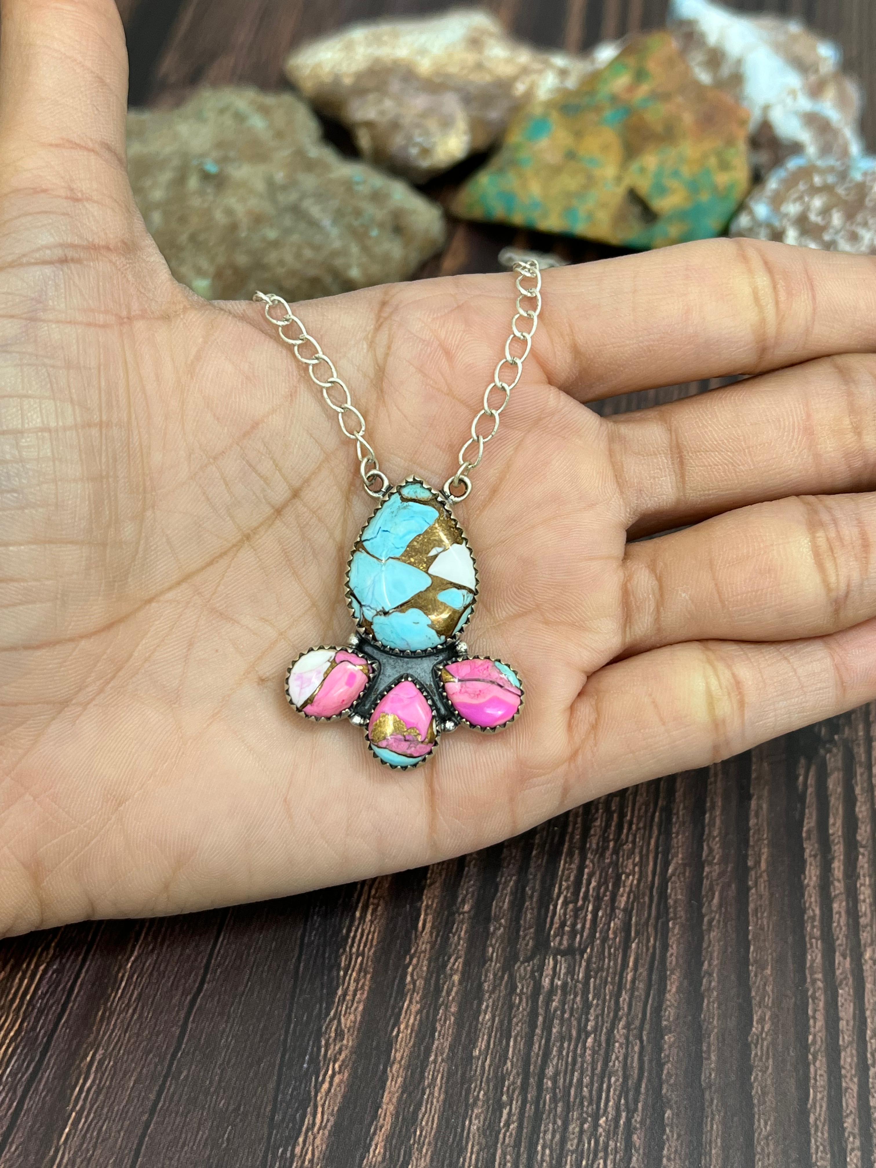 Handmade Sterling Silver Cotton Candy Turquoise Necklace with Signed Nizhoni