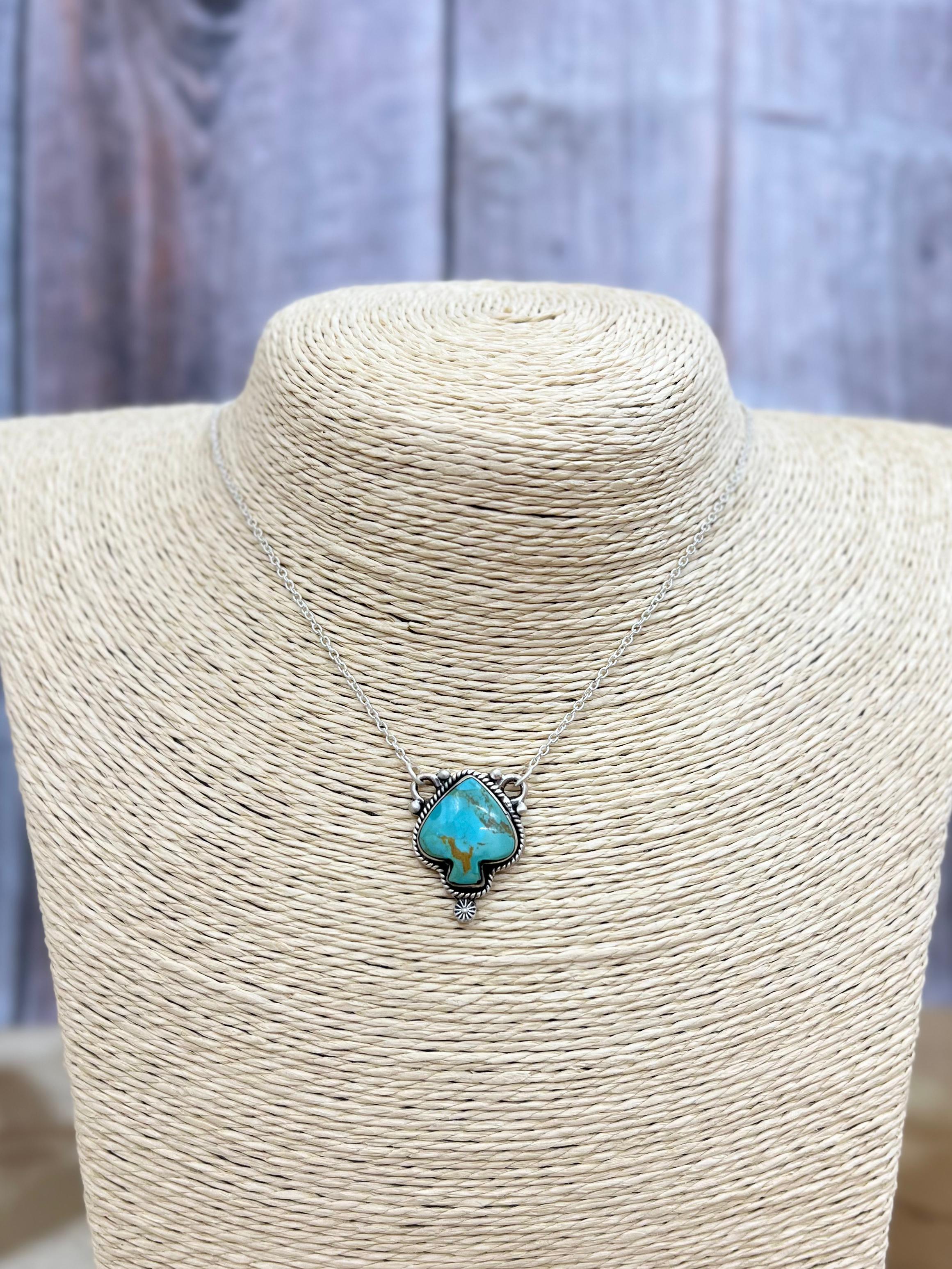 Handmade Sterling Silver Kingman Turquoise Spade Necklace with Signed Nizhoni