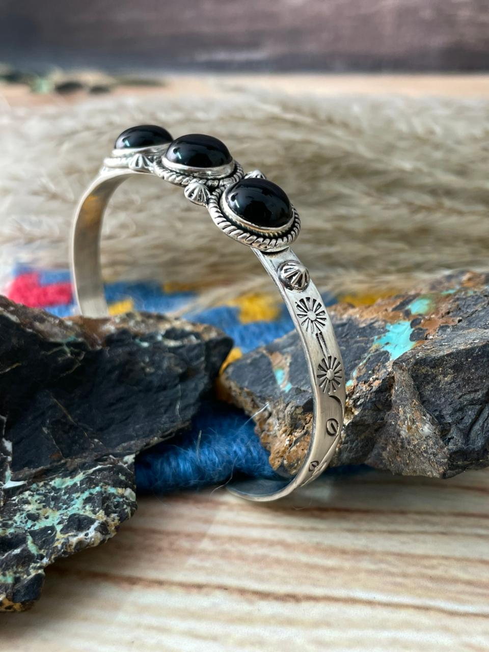 Handmade Sterling Silver Black Onyx Cuff Bracelet "Signed Nizhoni"