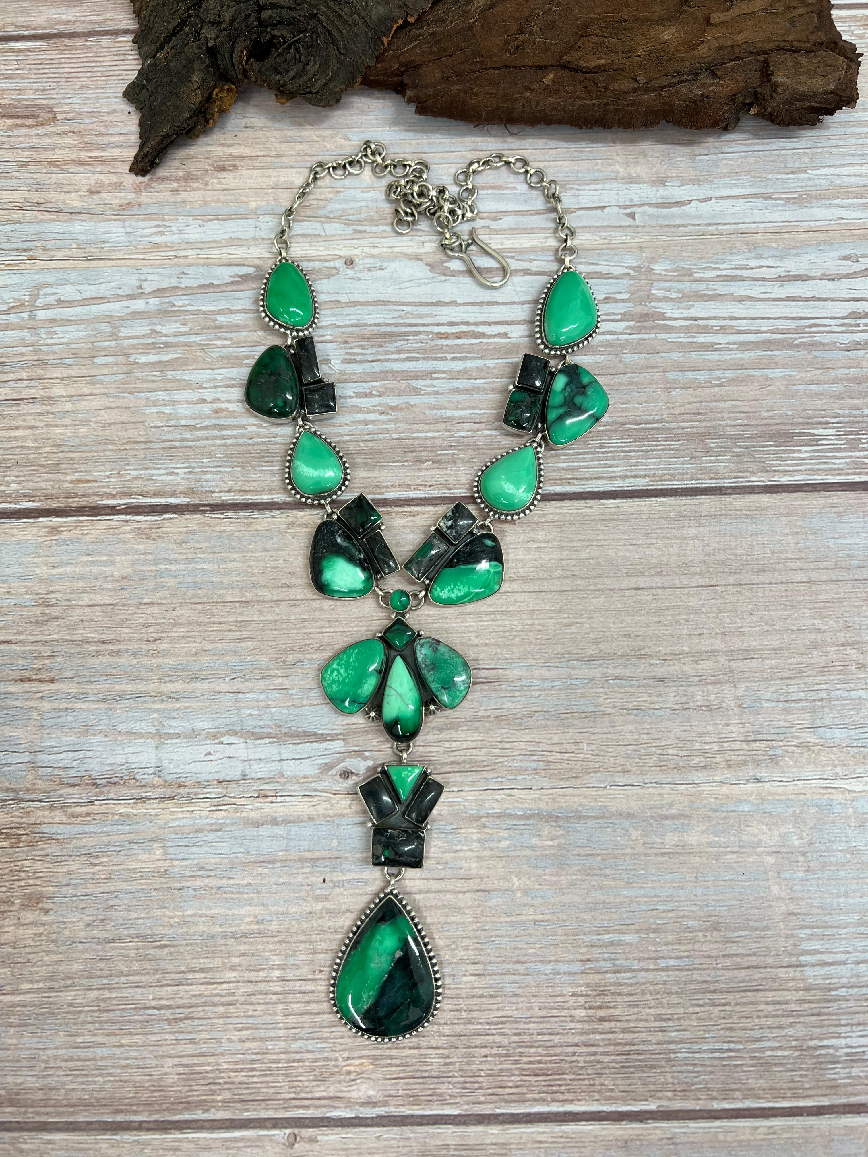 Handmade Sterling Silver Emerald Rose Necklace with Signed Nizhoni