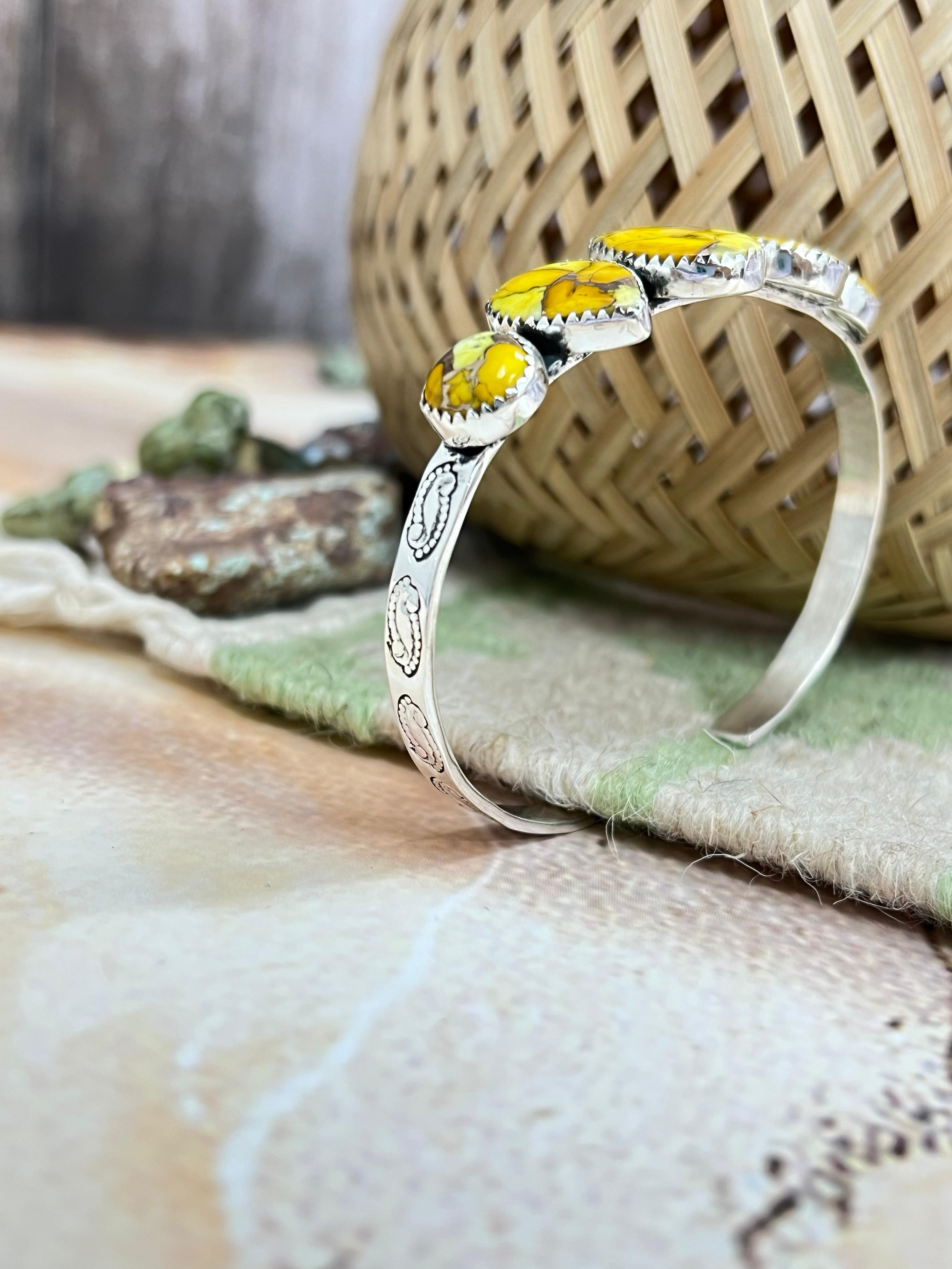 Handmade Sterling Silver Honey Dahlia Cuff Bracelet with Signed Nizhoni