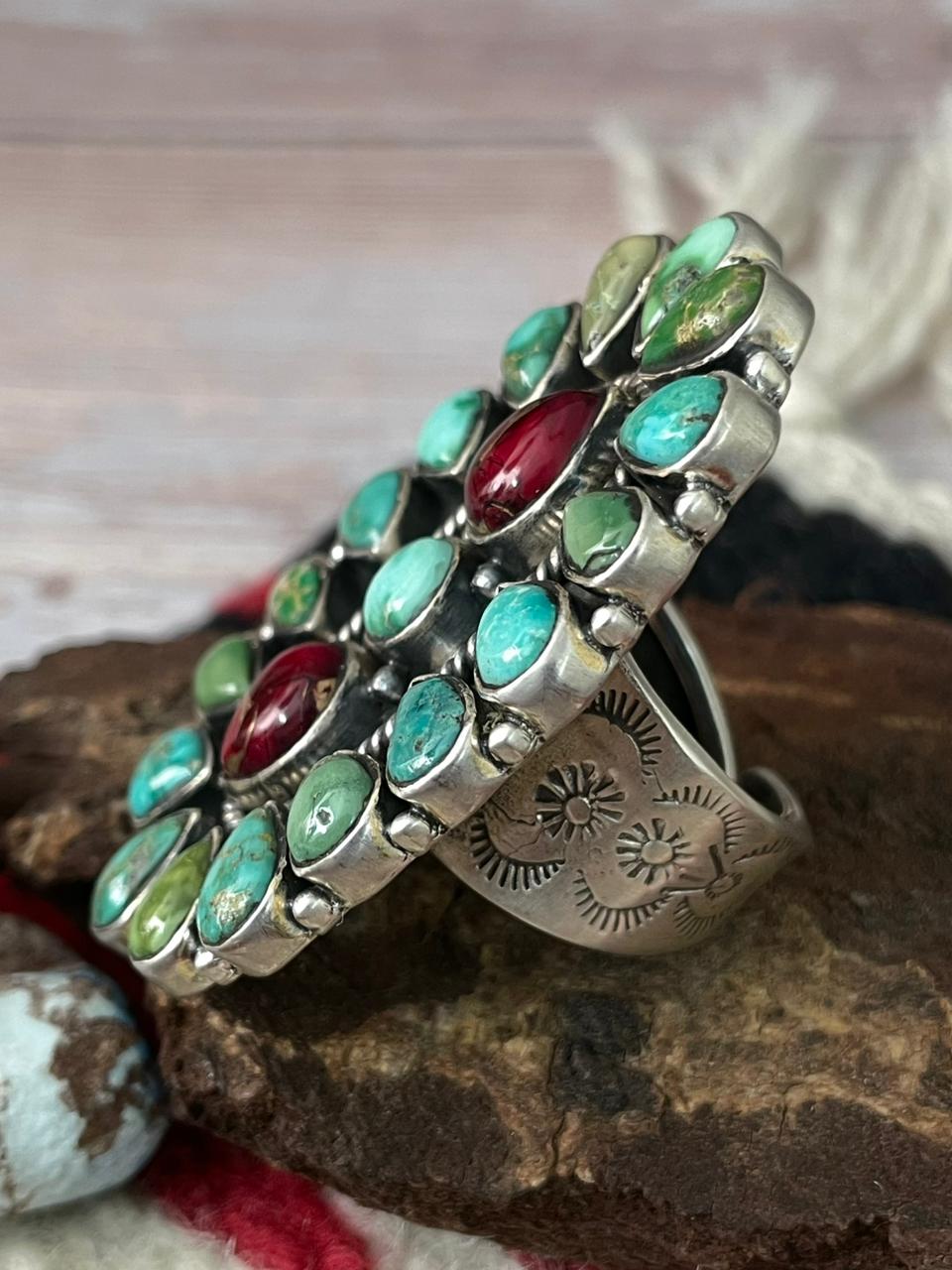 Handmade Sterling Silver Dahlia Rose With Emerald Valley Turquoise Ring "Signed Nizhoni"