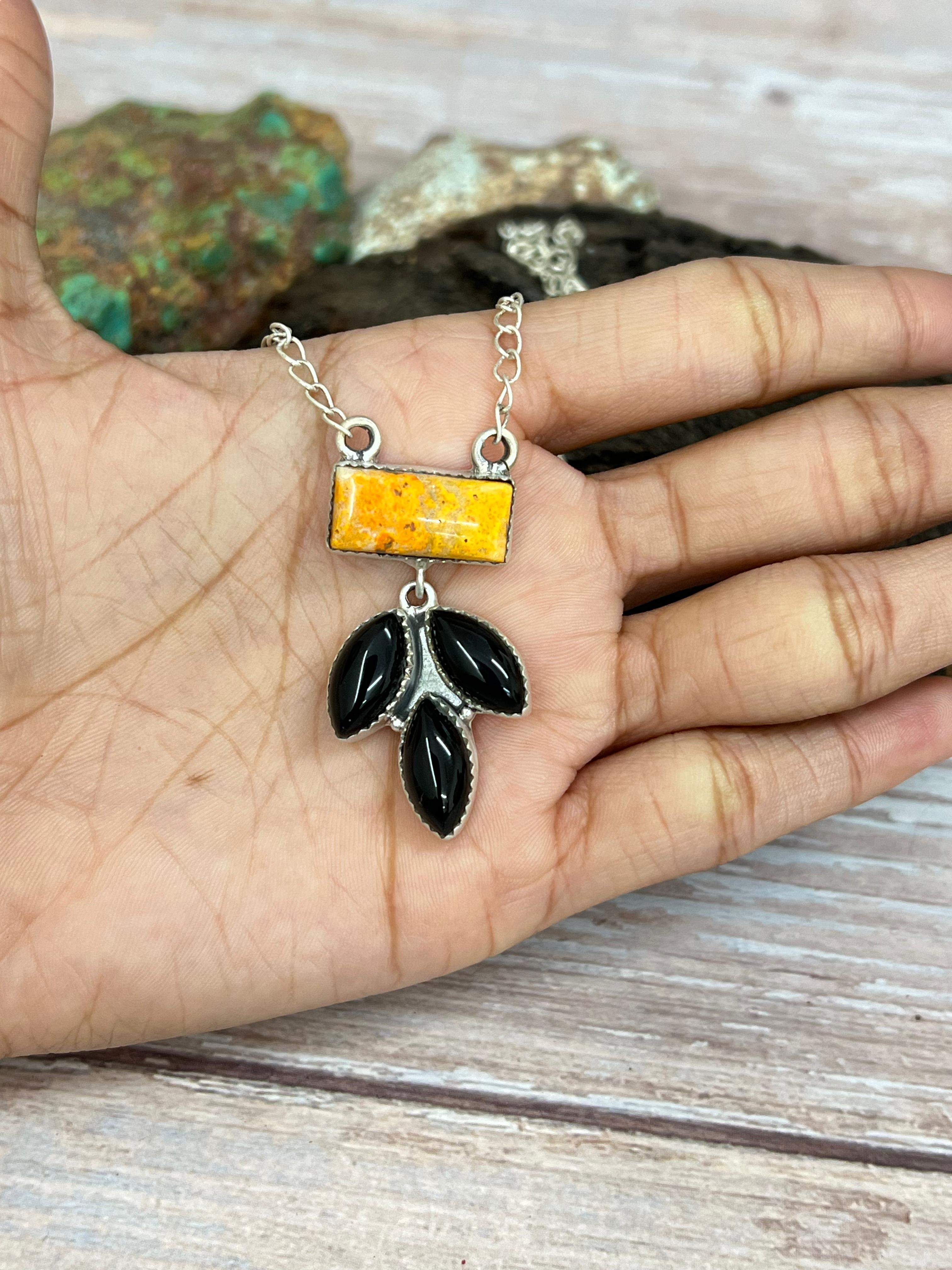 "Halloween Collection" Handmade Sterling Silver Black Onyx, Bumblebee Necklace with Signed Nizhoni