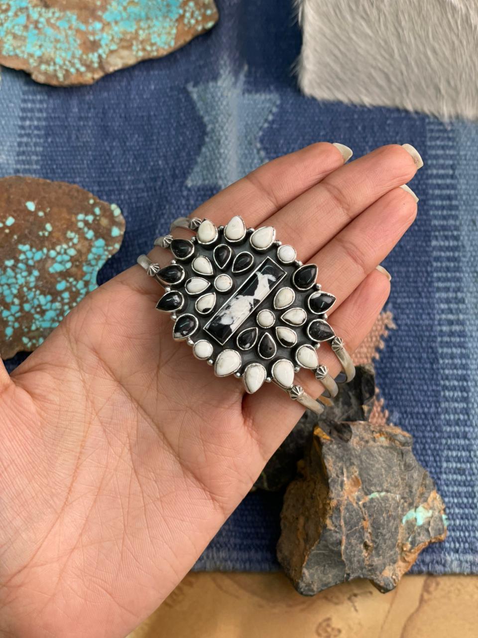 Handmade Sterling Silver White Buffalo Cuff Bracelet "Signed Nizhoni"