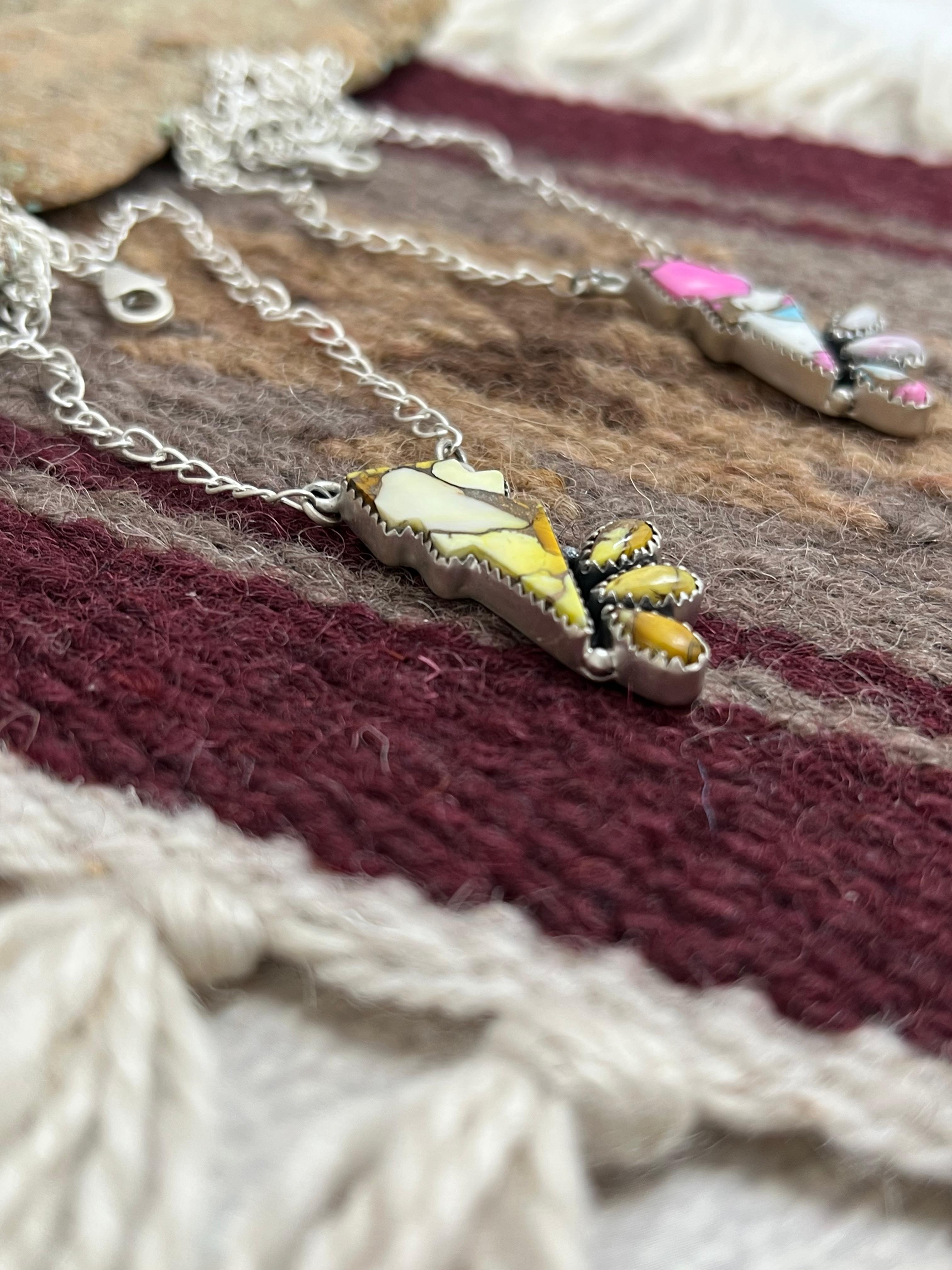 Handmade Sterling Silver Multi Gemstone Lightening Bolt Necklace with Signed Nizhoni