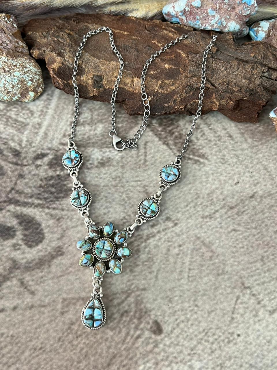 Handmade Sterling Silver 'Golden Hills Turquoise Cobble Collection' Necklace "Signed Nizhoni"