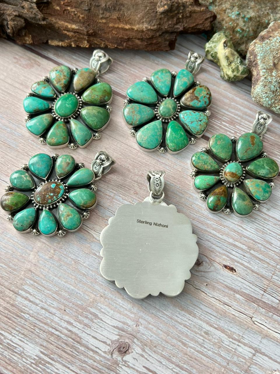 Handmade Sterling Silver Mantis Turquoise Pendant with Signed Nizhoni