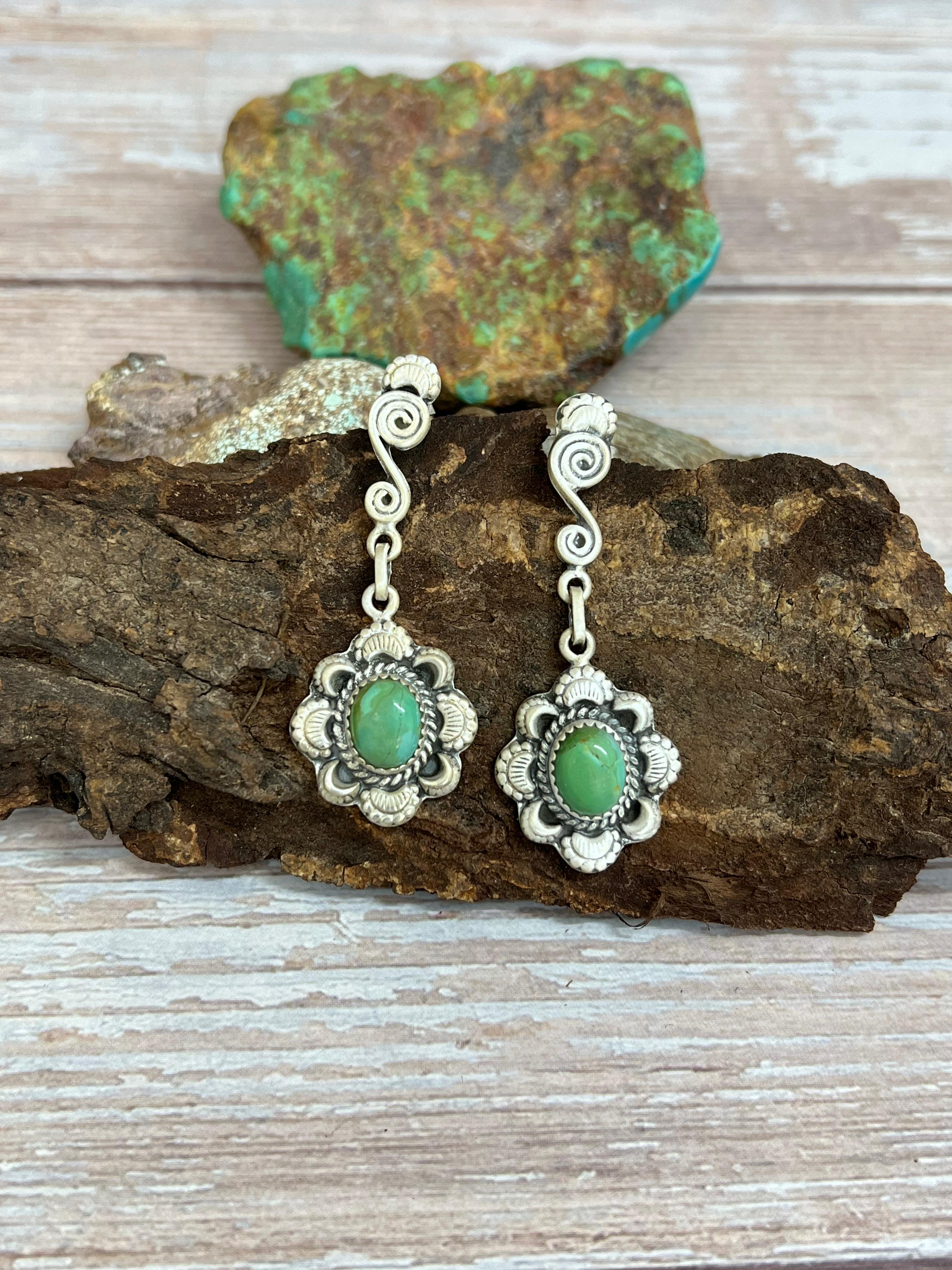 Handmade Sterling Silver Kingman Turquoise Post Dangle Earrings with Signed Nizhoni