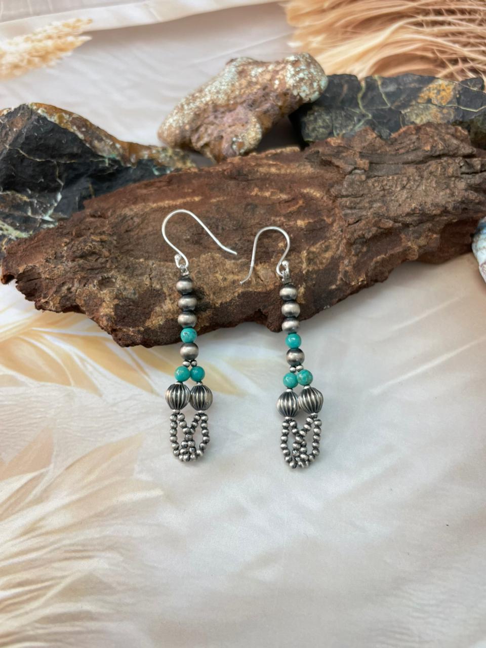 Handmade Sterling Silver Kingman Turquoise Beaded Hook Dangle Earrings
