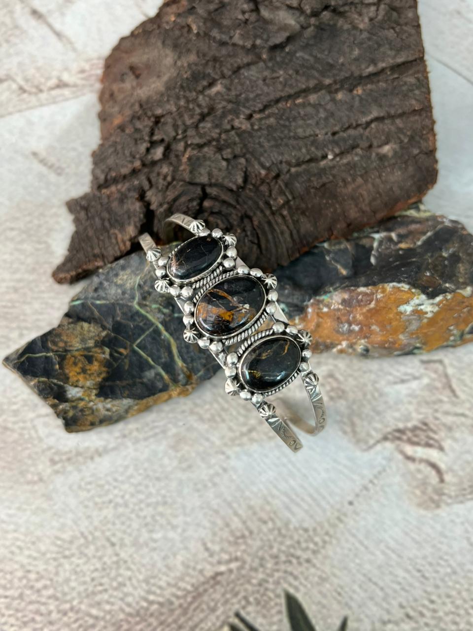 Handmade Sterling Silver Blackjack Turquoise Cuff Bracelet "Signed Nizhoni"