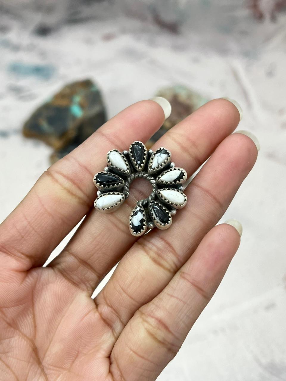 Handmade Sterling Silver White Buffalo Turquoise Naja Adjustable Ring "Signed Nizhoni"