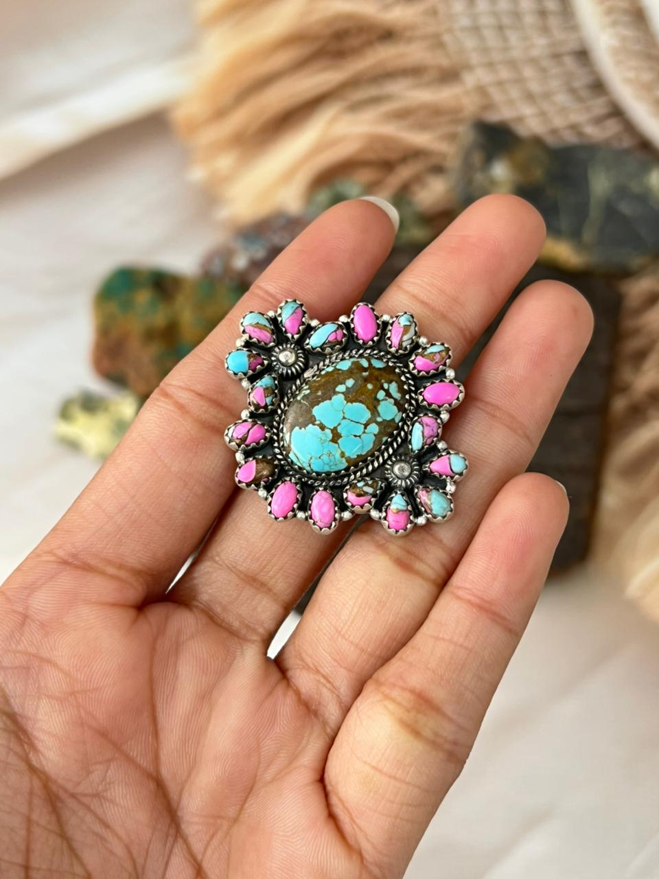 Handmade Sterling Silver Number 8 with Cotton Candy Adjustable Ring "Signed Nizhoni"