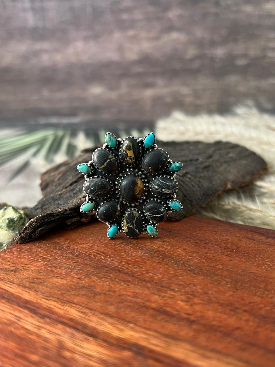 Handmade Sterling Silver Blackjack with Kingman Turquoise Adjustable Ring "Signed Nizhoni"