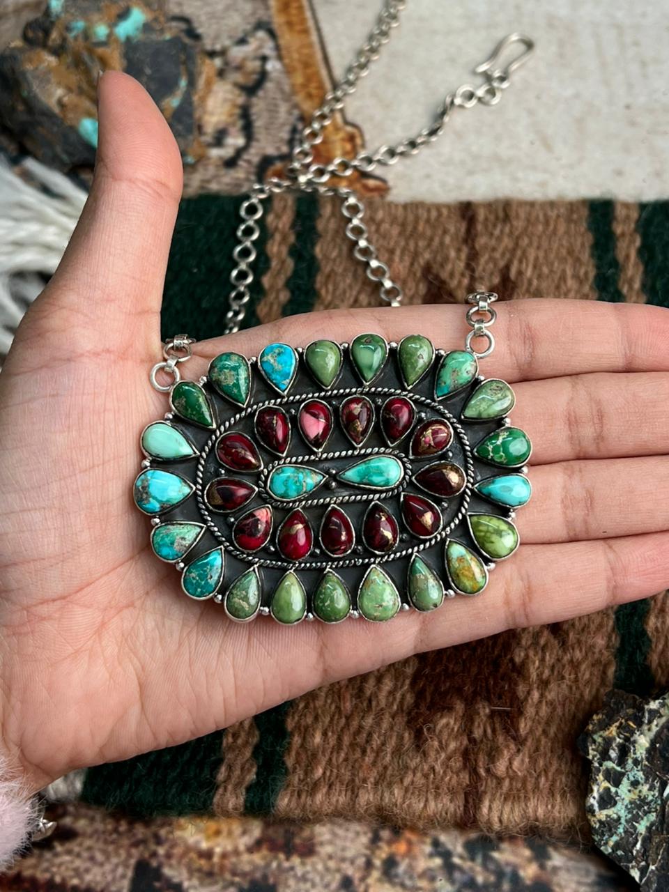 Handmade Sterling Silver Dahlia Rose with Emerald Valley Turquoise Necklace "Signed Nizhoni"