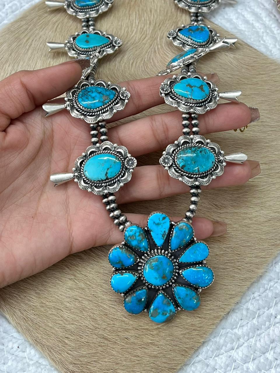 Handmade Sterling Silver Beaded Arizona Blue Turquoise Squash Blossom Necklace "Signed Nizhoni"