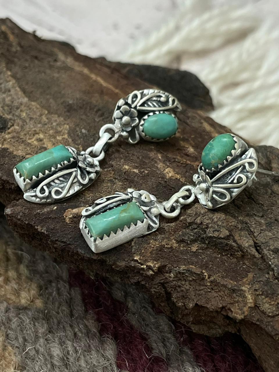 Handmade Sterling Silver Kingman Turquoise Post Earrings "Signed Nizhoni"