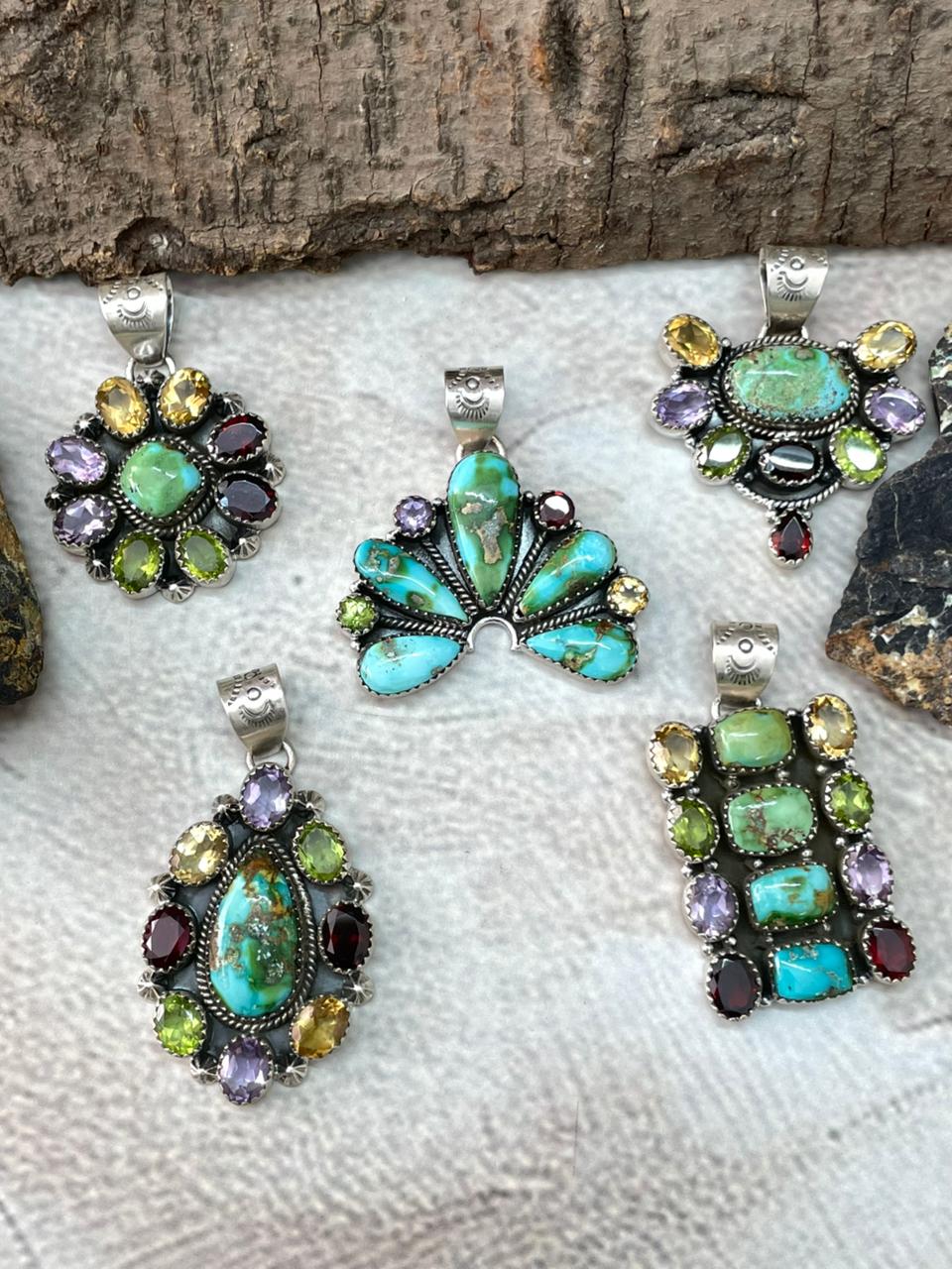Handmade Sterling Silver Sonoran with Cut Stones Pendant "Signed Nizhoni"