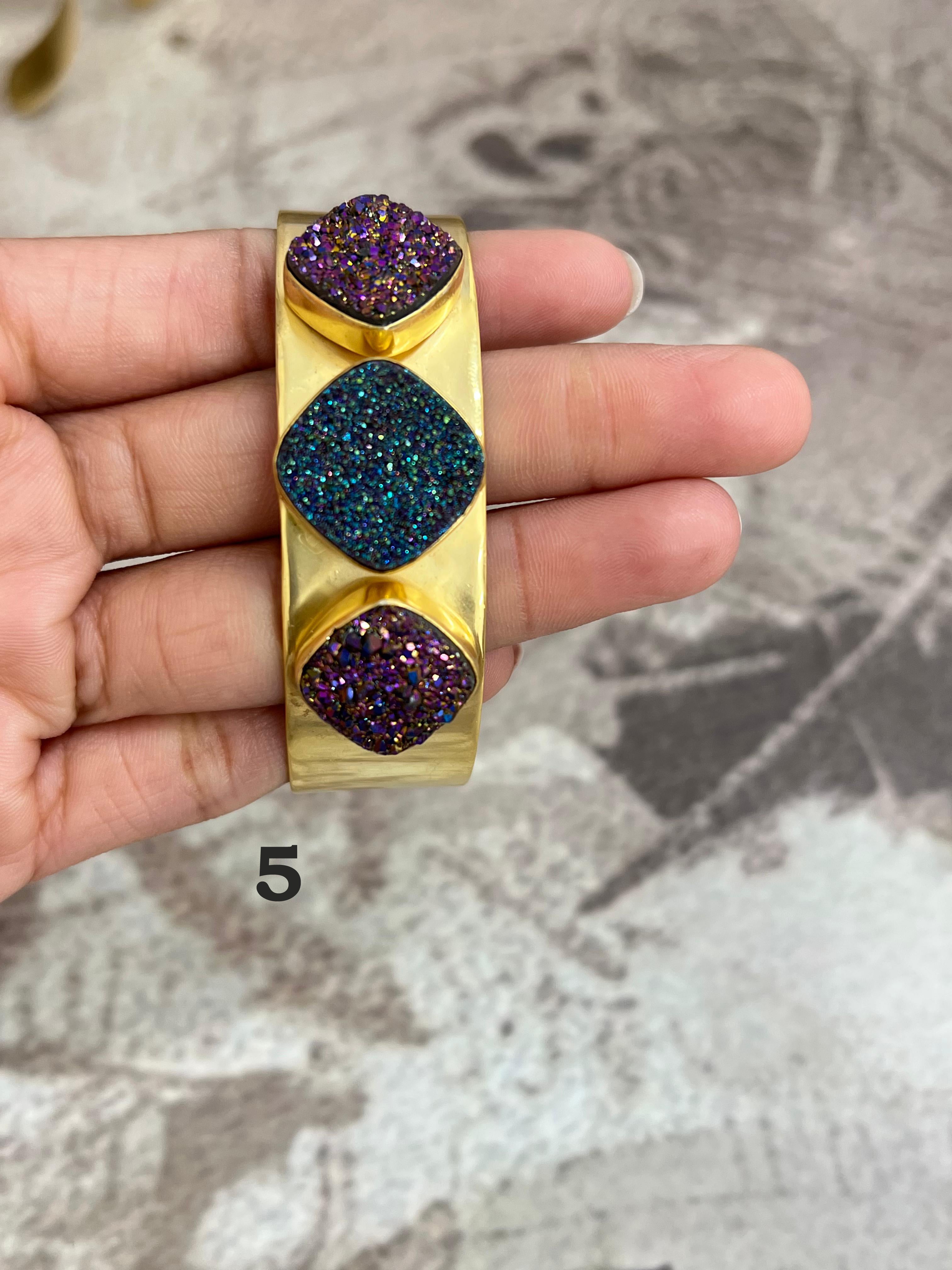 “The Boho Collection” Handmade Natural Gold Plated 3 Stone Druzy Cuff Bracelet
