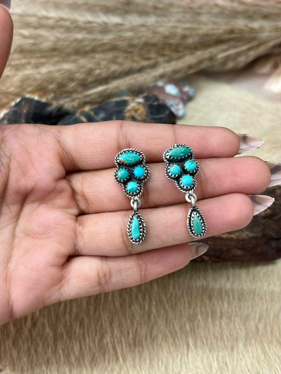 Handmade Sterling Silver Kingman Turquoise Post Dangle Earrings "Signed Nizhoni"