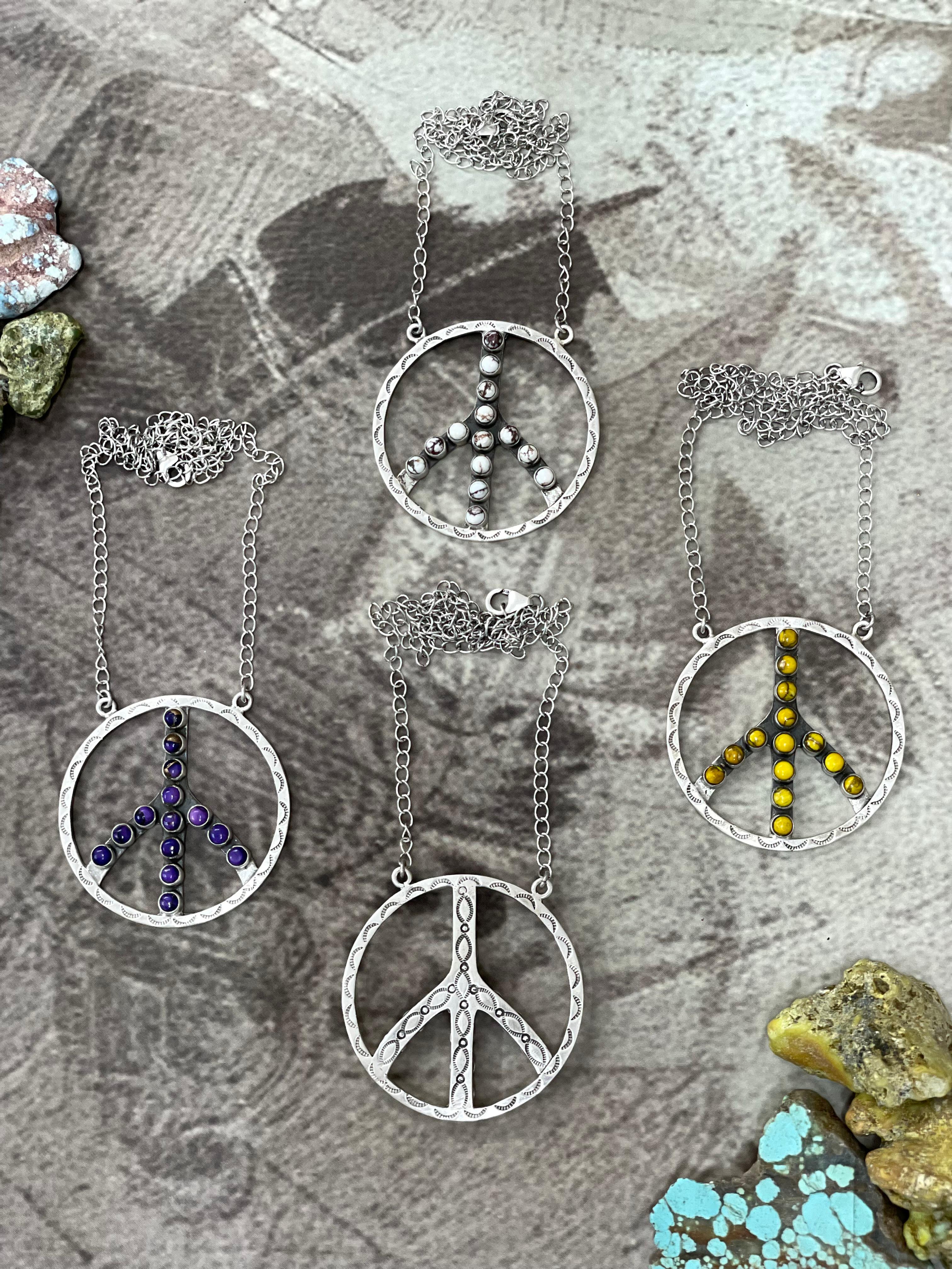 Handmade Sterling Silver Multi Stone PEACE Necklace Signed Nizhoni