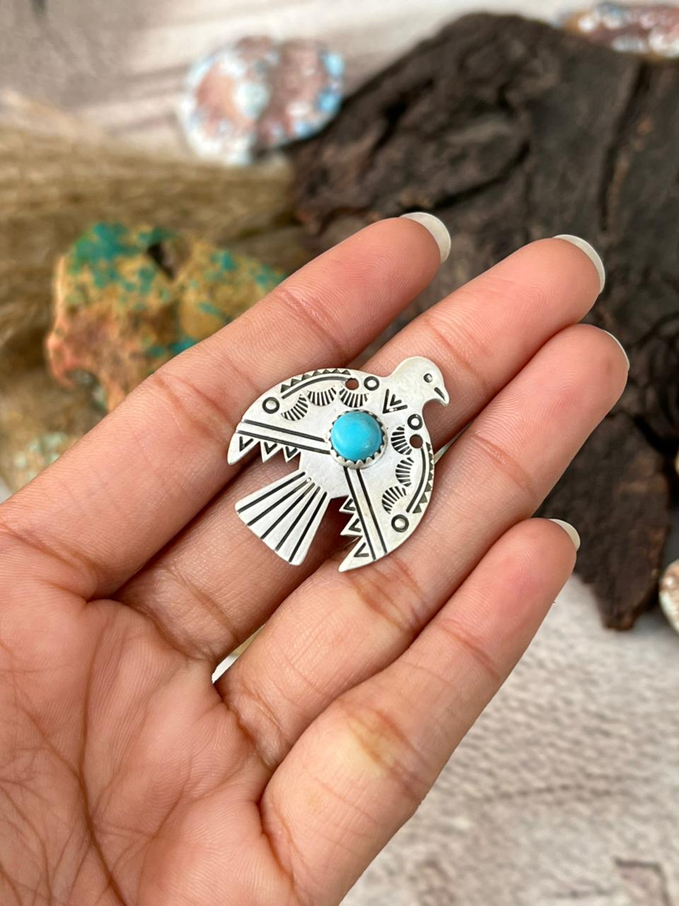 Handmade Sterling Silver Kingman Turquoise Thunder Bird Adjustable Ring "Signed Nizhoni"