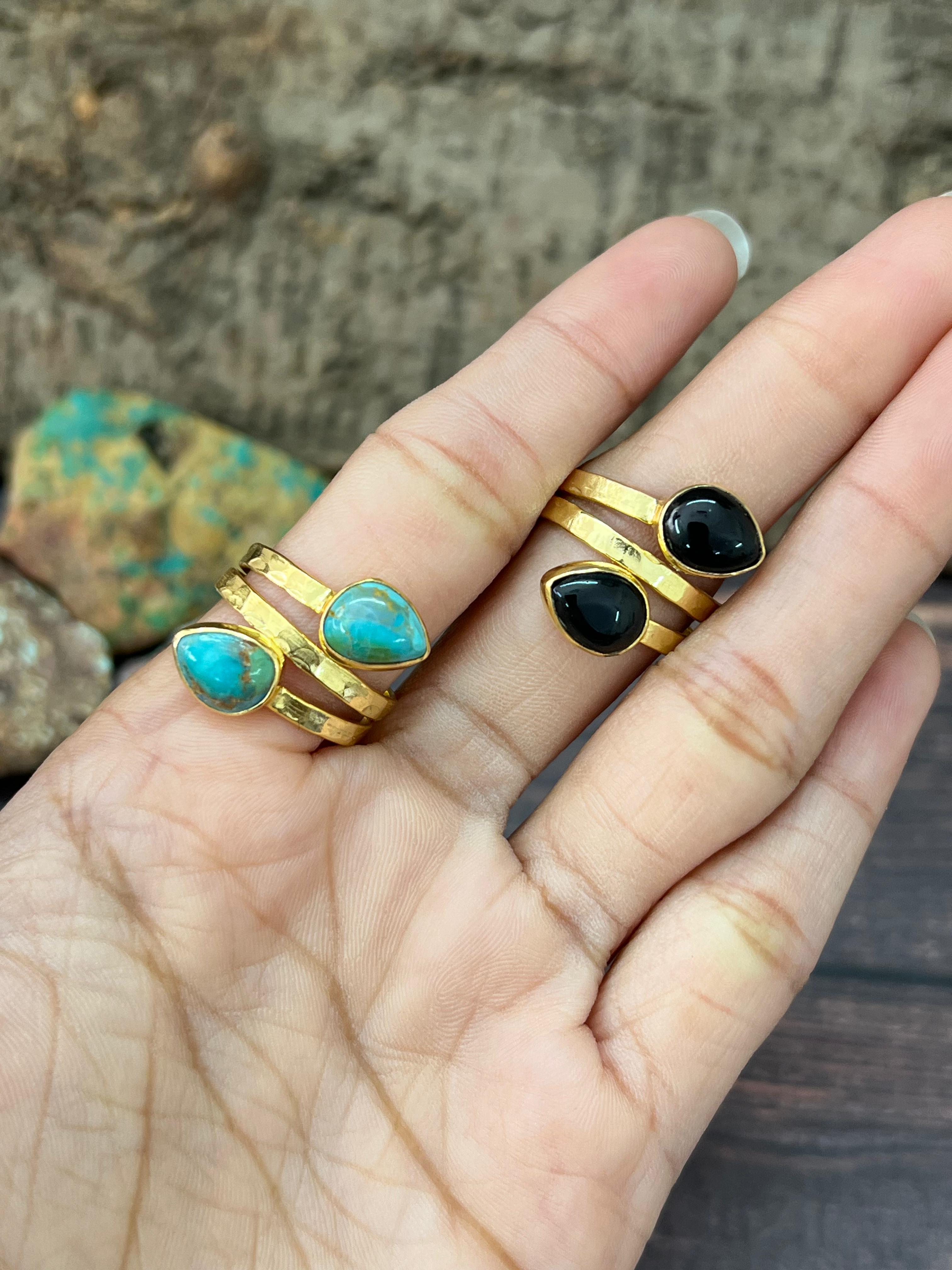 “The Golden Collection” Natural Kingman Turquoise, Black Onyx Adjustable 2 Stone Ring