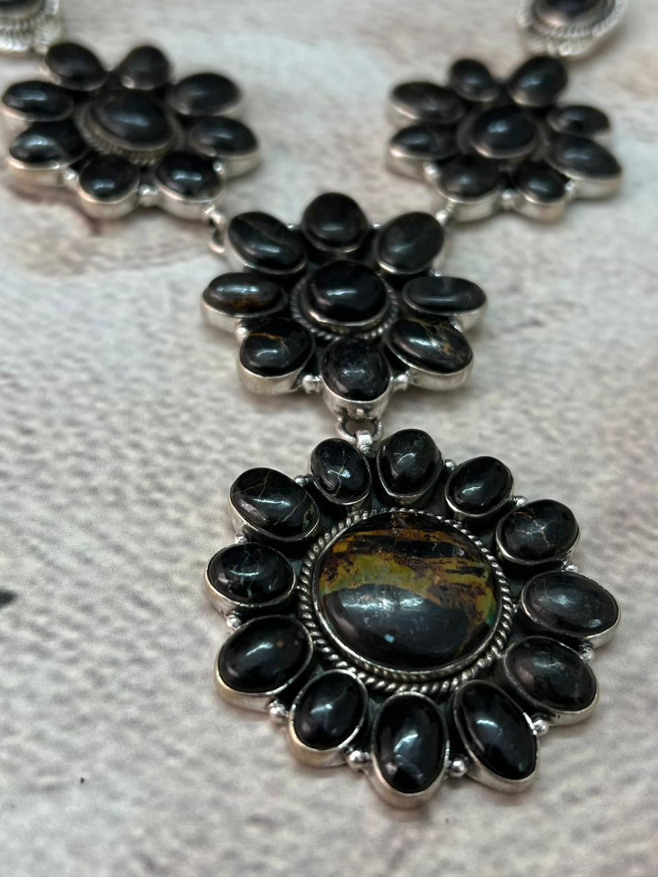 Handmade Sterling Silver Blackjack Turquoise Drop Necklace "Signed Nizhoni"