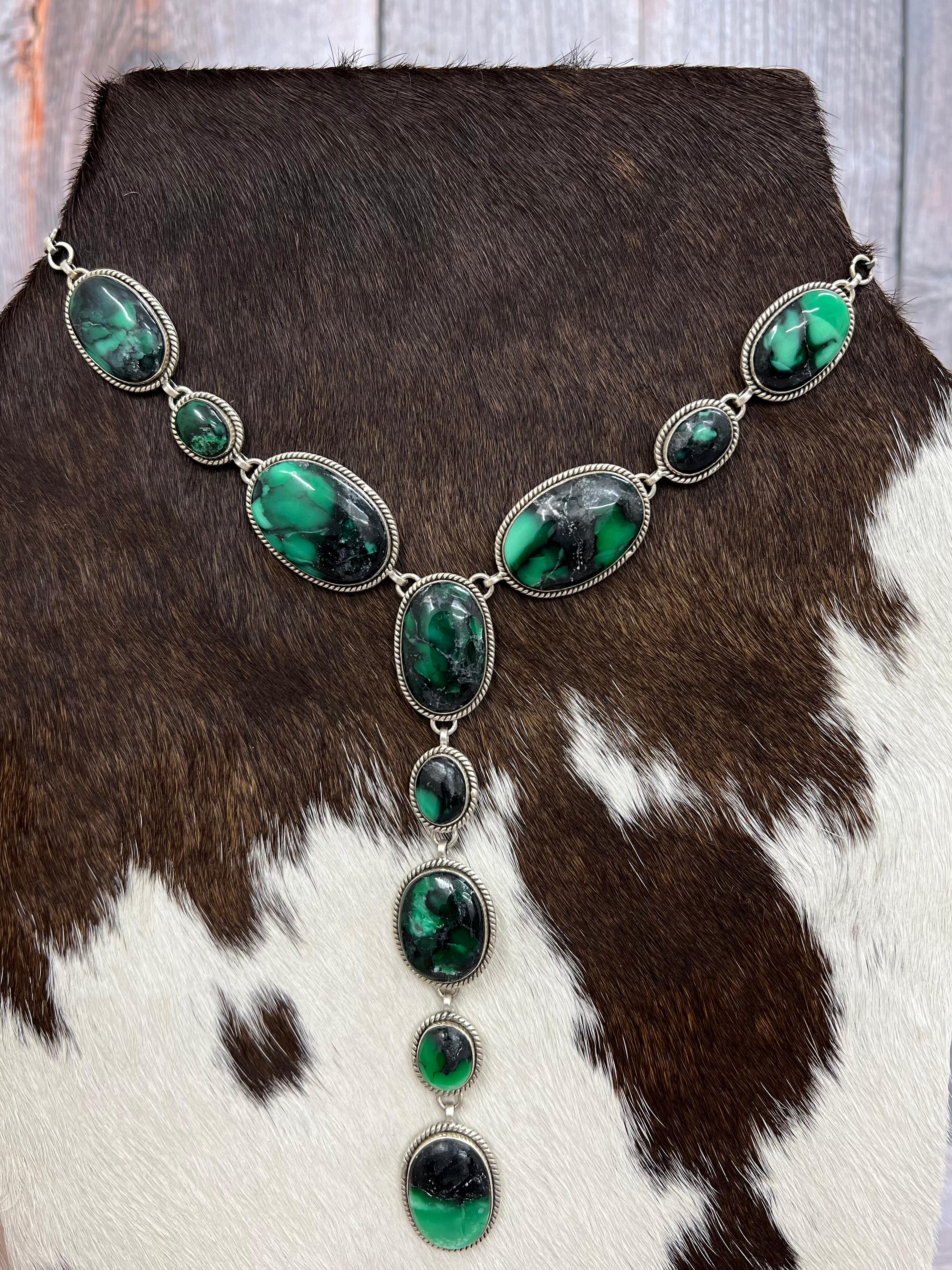 Handmade Sterling Silver Emerald Rose Necklace with Signed Nizhoni