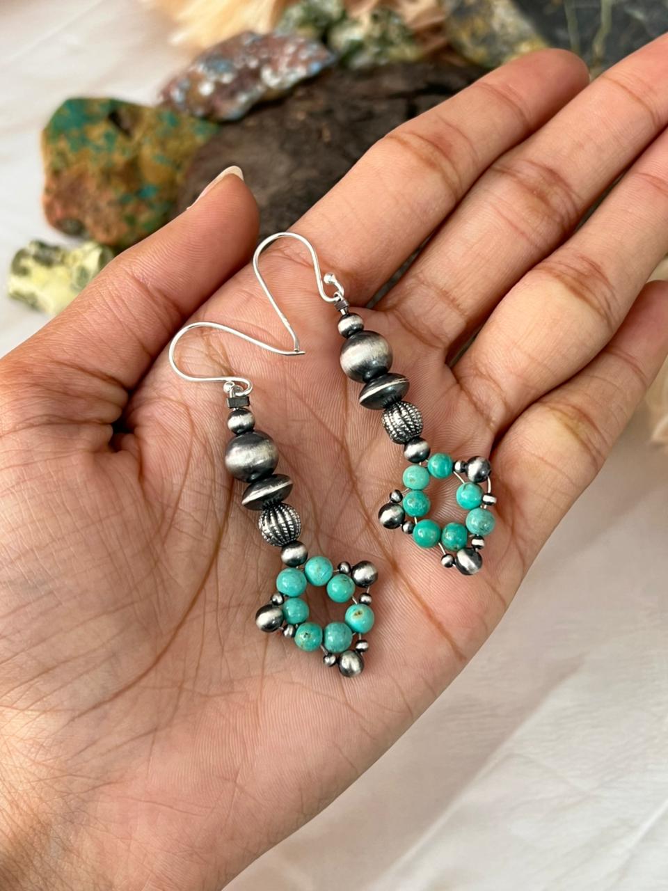 Handmade Sterling Silver Kingman Turquoise Hook Dangle Beaded Earrings