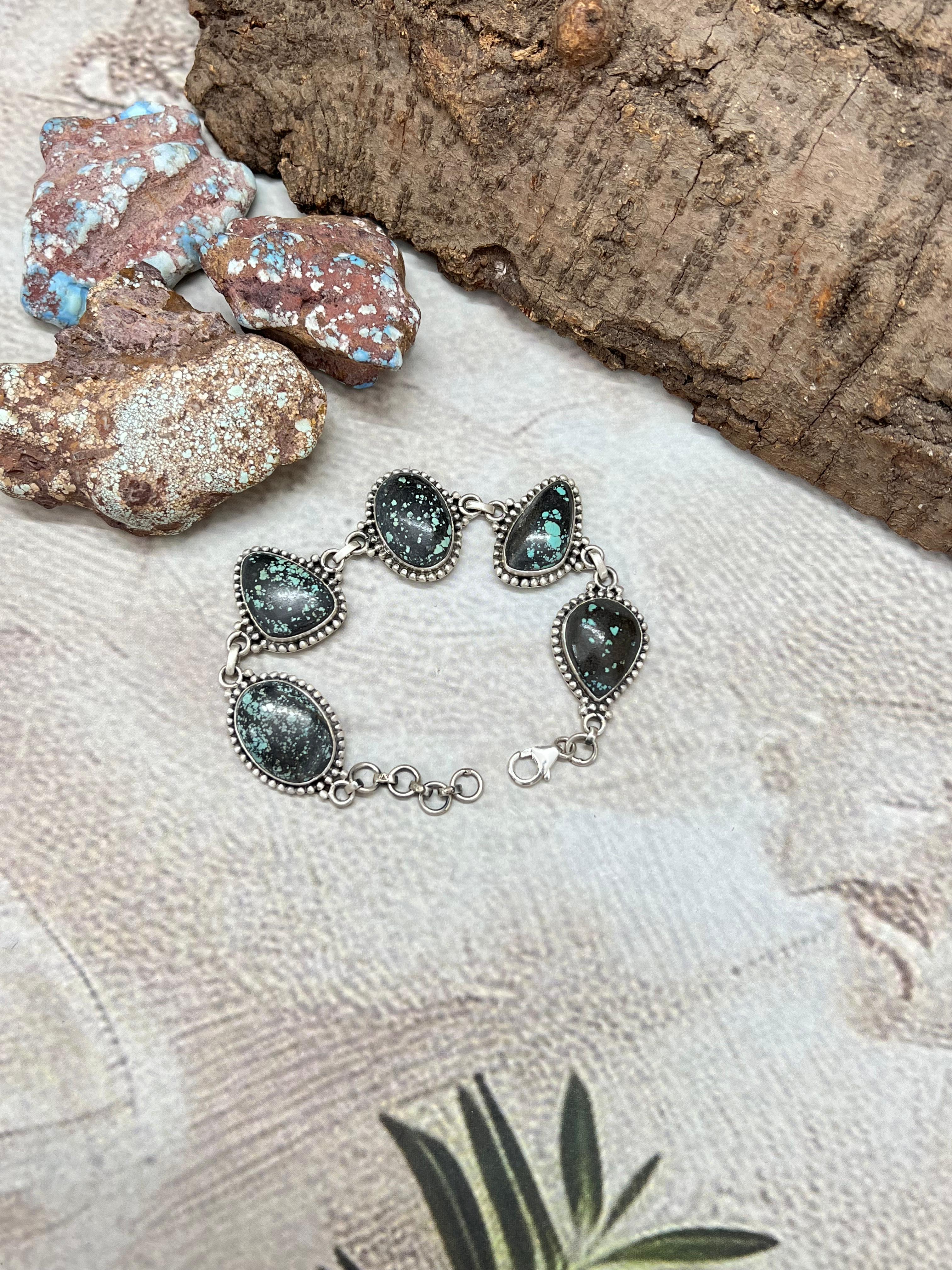 Handmade Sterling Silver Lander Turquoise Chain Bracelet with Signed Nizhoni