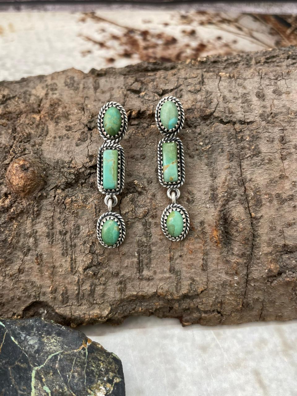 Handmade Sterling Silver Kingman Turquoise Post Dangle Earrings "Signed Nizhoni"