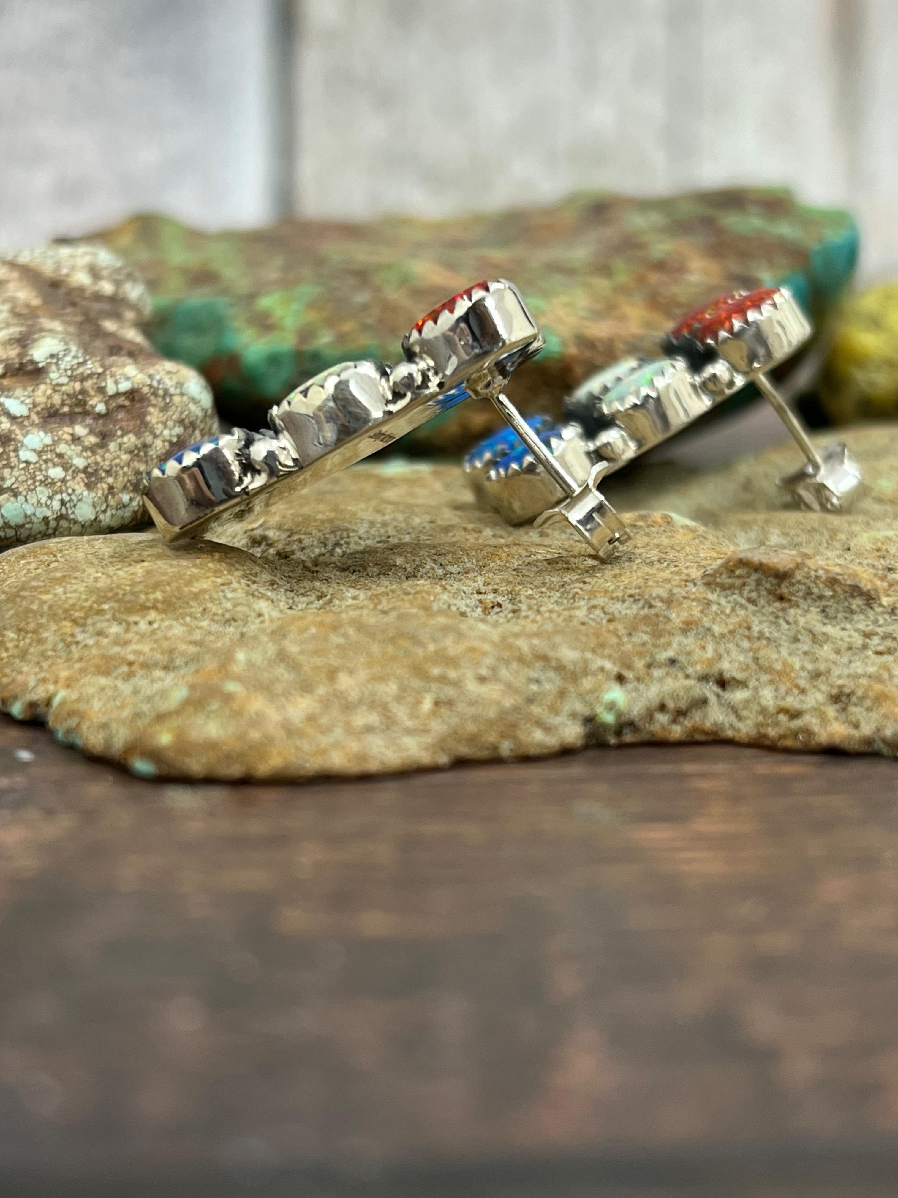 ** 4TH OF JULY ** Handmade Sterling Silver Synthetic Opal Post Earrings with Signed Nizhoni
