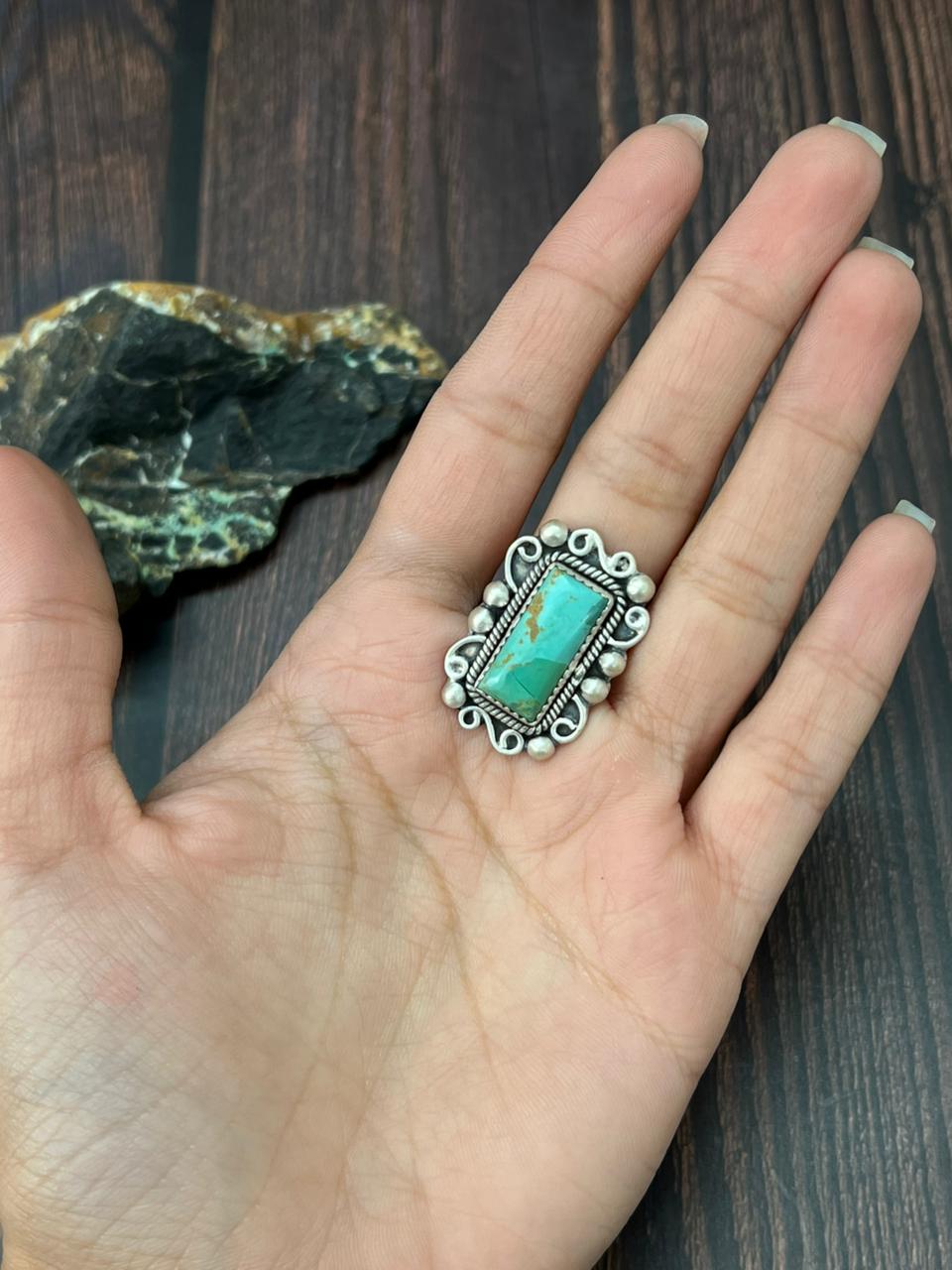 Handmade Sterling Silver Kingman Turquoise Adjustable Ring "Singed Nizhoni"