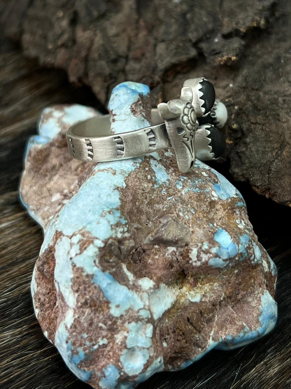 Handmade Sterling Silver White Buffalo Bull Adjustable Ring "Signed Nizhoni"