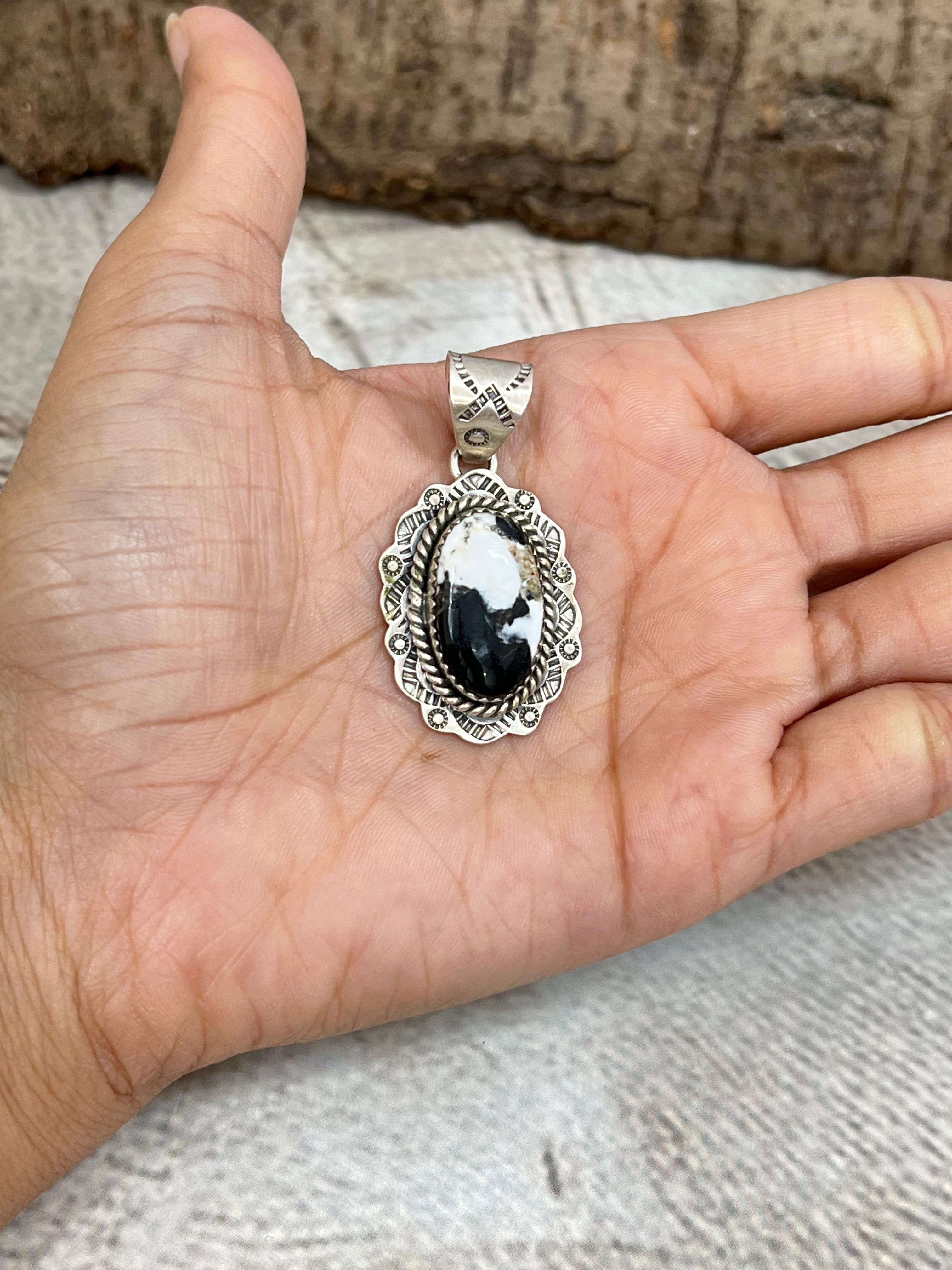 Handmade Sterling Silver White Buffalo Turquoise Pendant with Signed Nizhoni