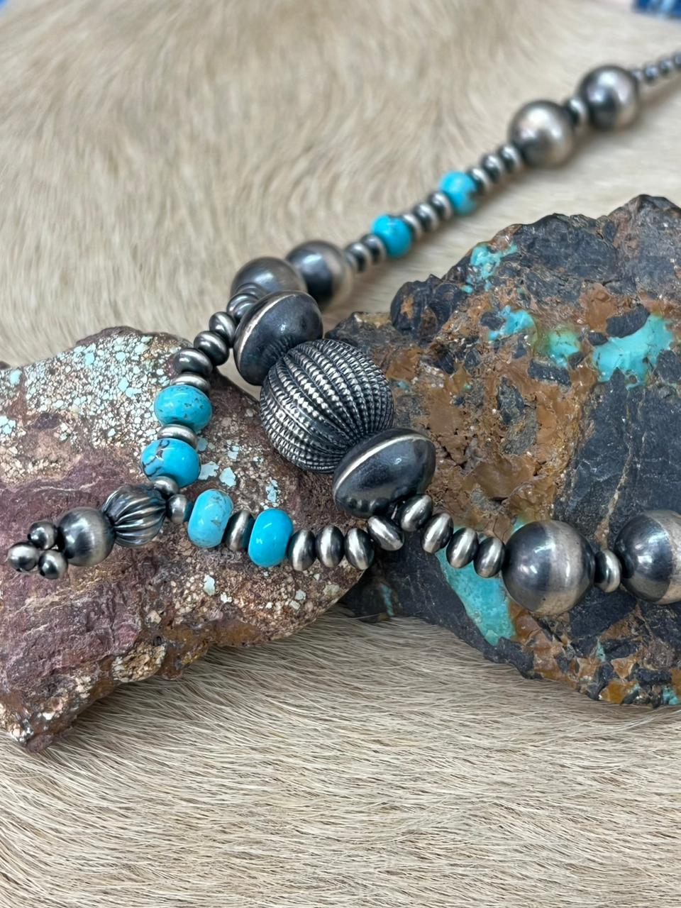 Handmade Sterling Silver Beaded Kingman Turquoise Necklace "Signed Nizhoni"