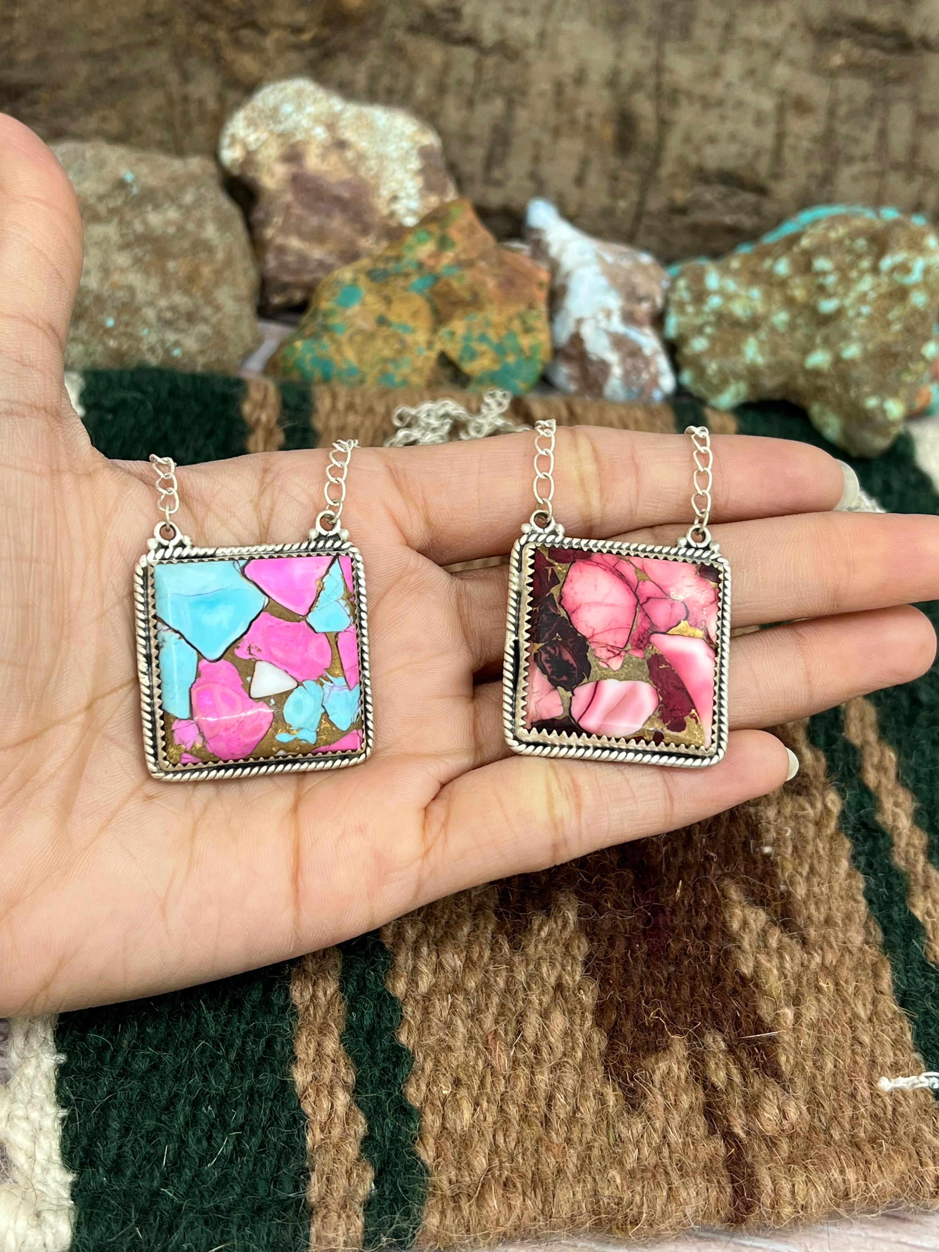 Handmade Sterling Silver Dahlia Rose, Cotton Candy Turquoise Necklace with Signed Nizhoni